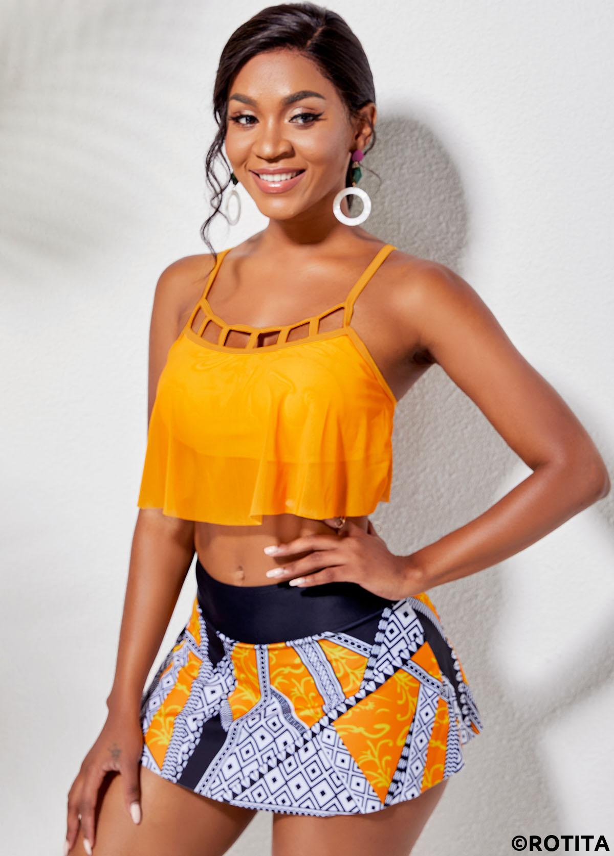 Orange swimwear,Tribal swimwear,ROTITA Overlay Cage Neck Top and Printed Pantskirt