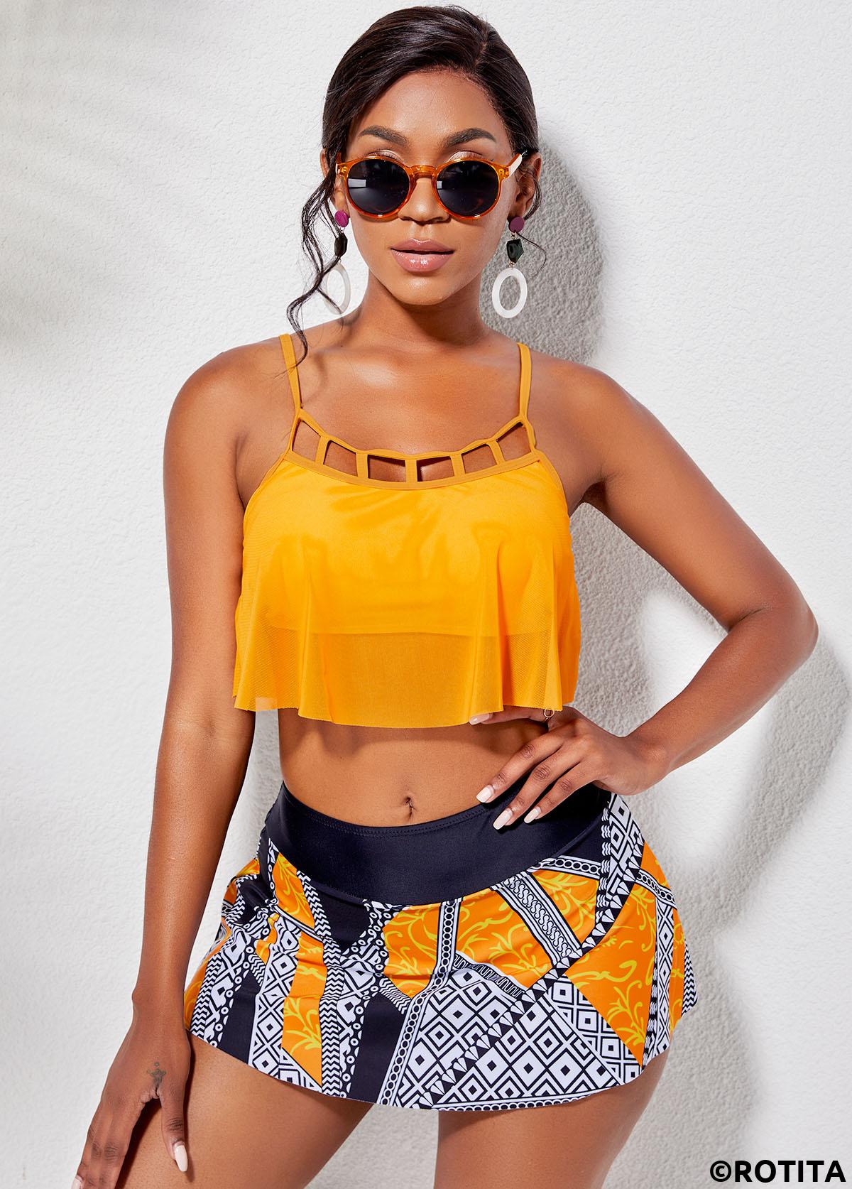 Orange swimwear,Tribal swimwear,ROTITA Overlay Cage Neck Top and Printed Pantskirt