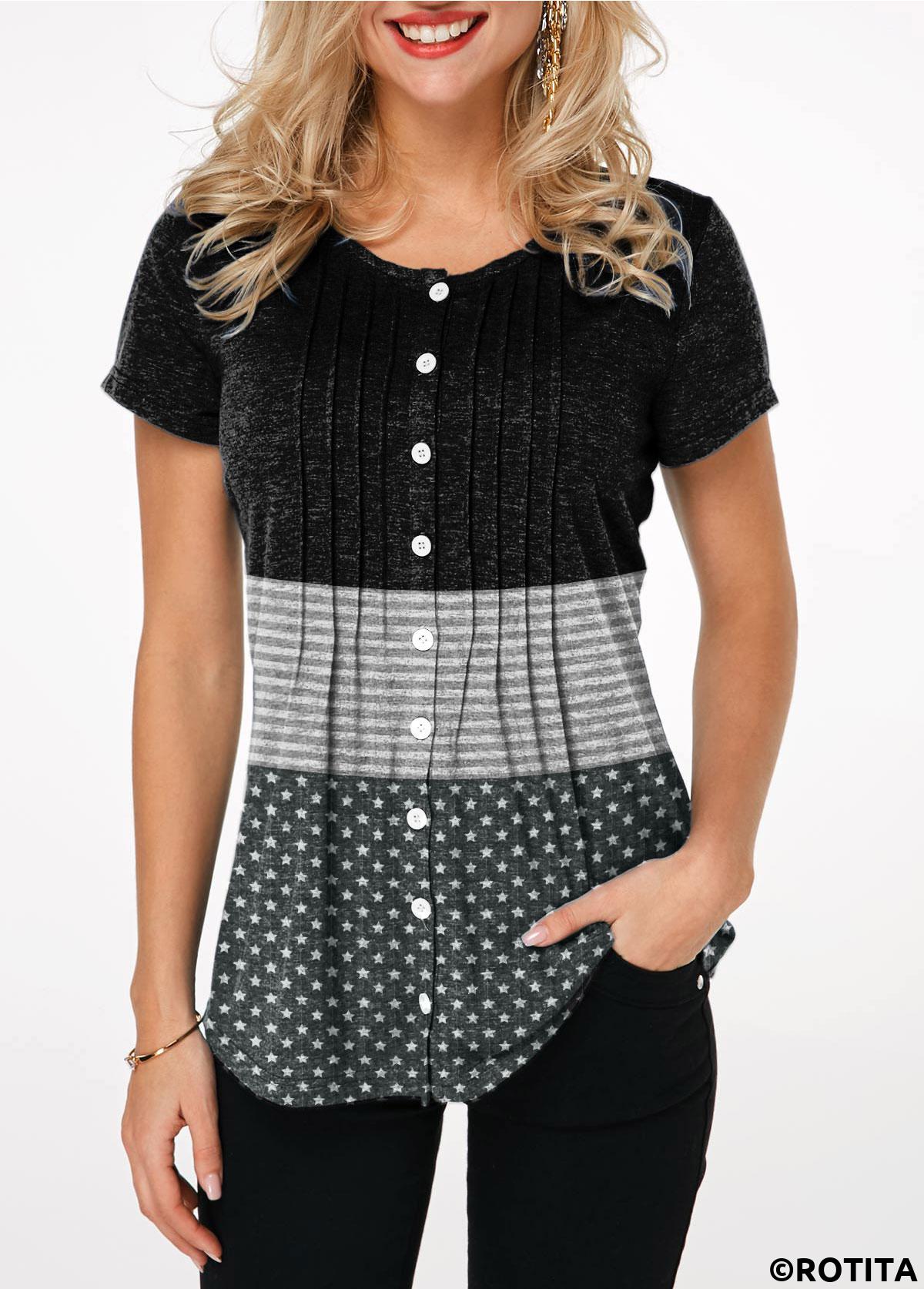 Grey tops,Dot tops,ROTITA Button Up Crinkle Chest Star Print T Shirt