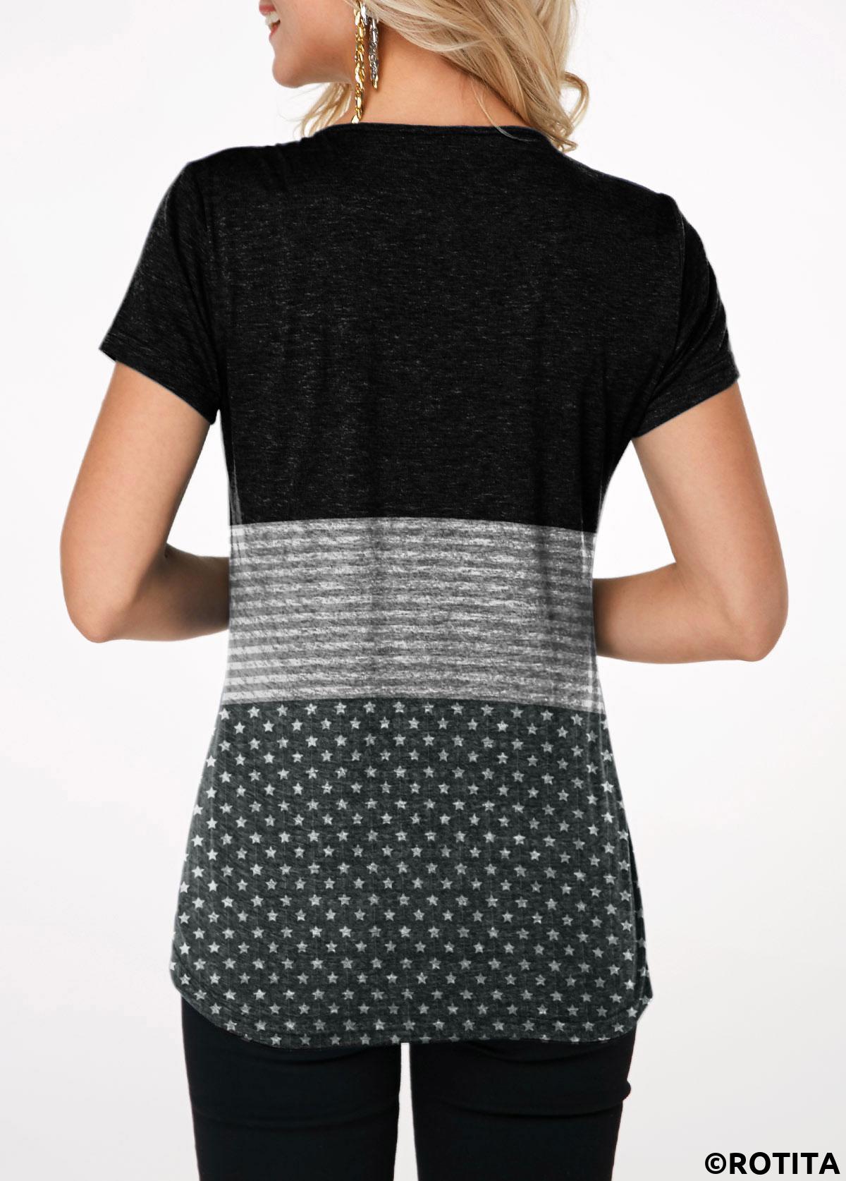 Grey tops,Dot tops,ROTITA Button Up Crinkle Chest Star Print T Shirt