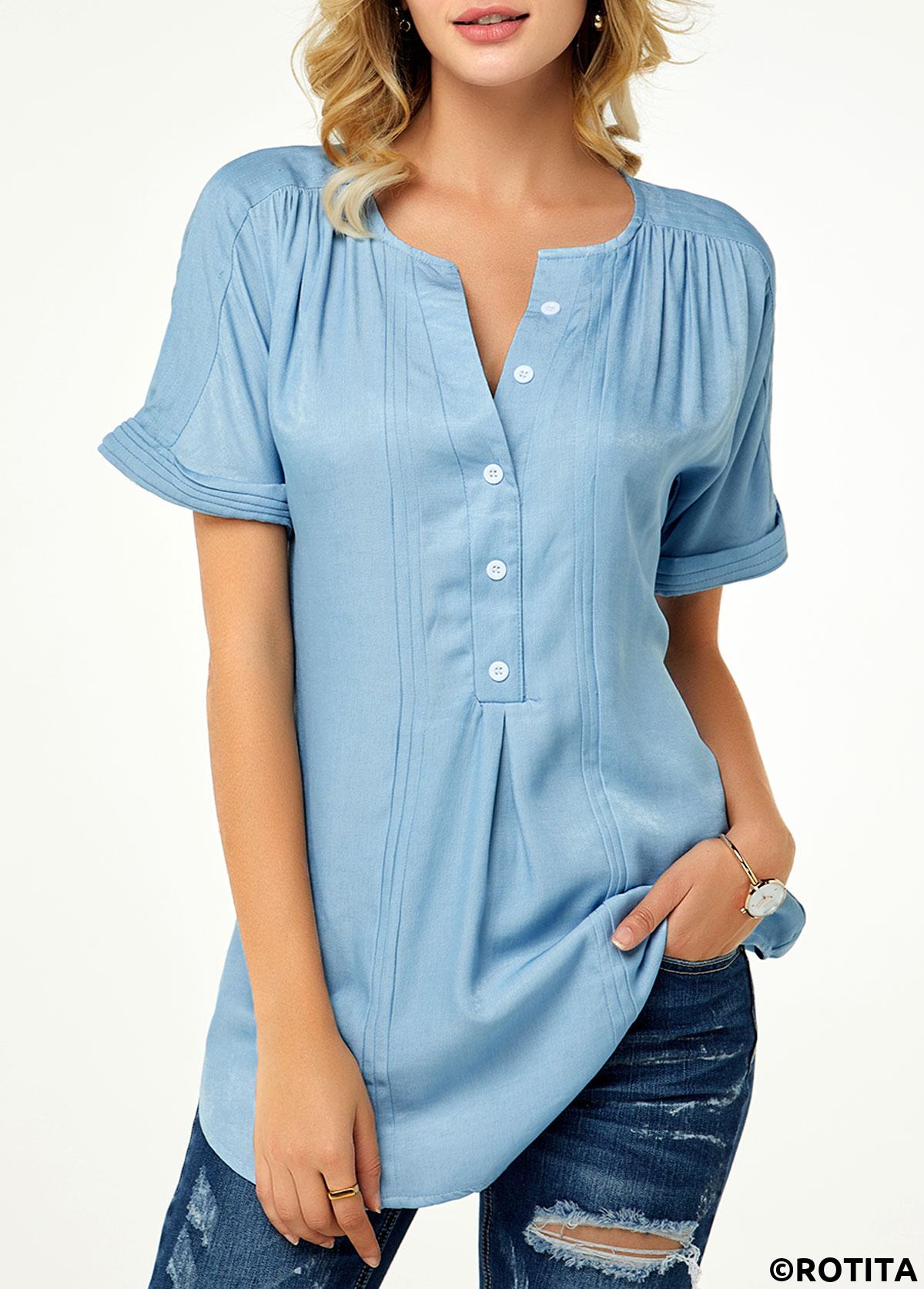 Plain Color tops,ROTITA Patchwork Split Neck Short Sleeve Blouse