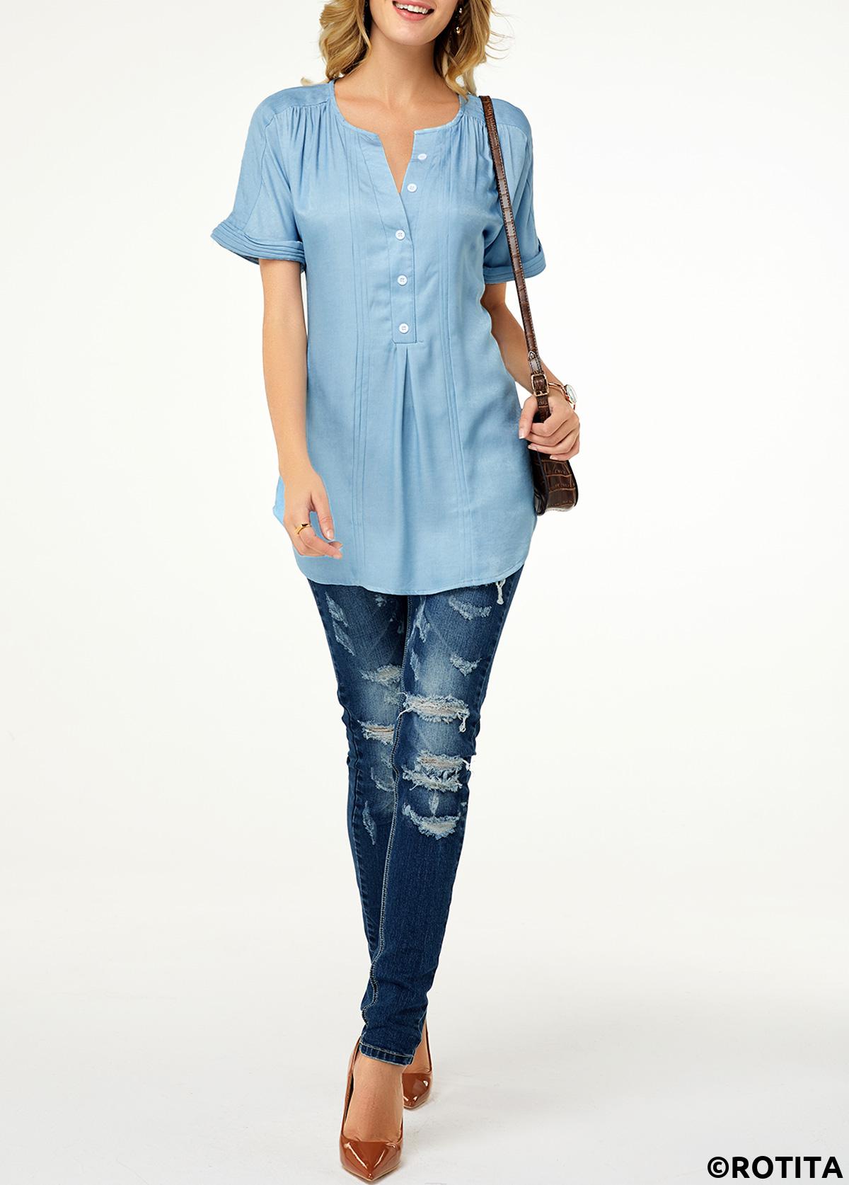 Plain Color tops,ROTITA Patchwork Split Neck Short Sleeve Blouse