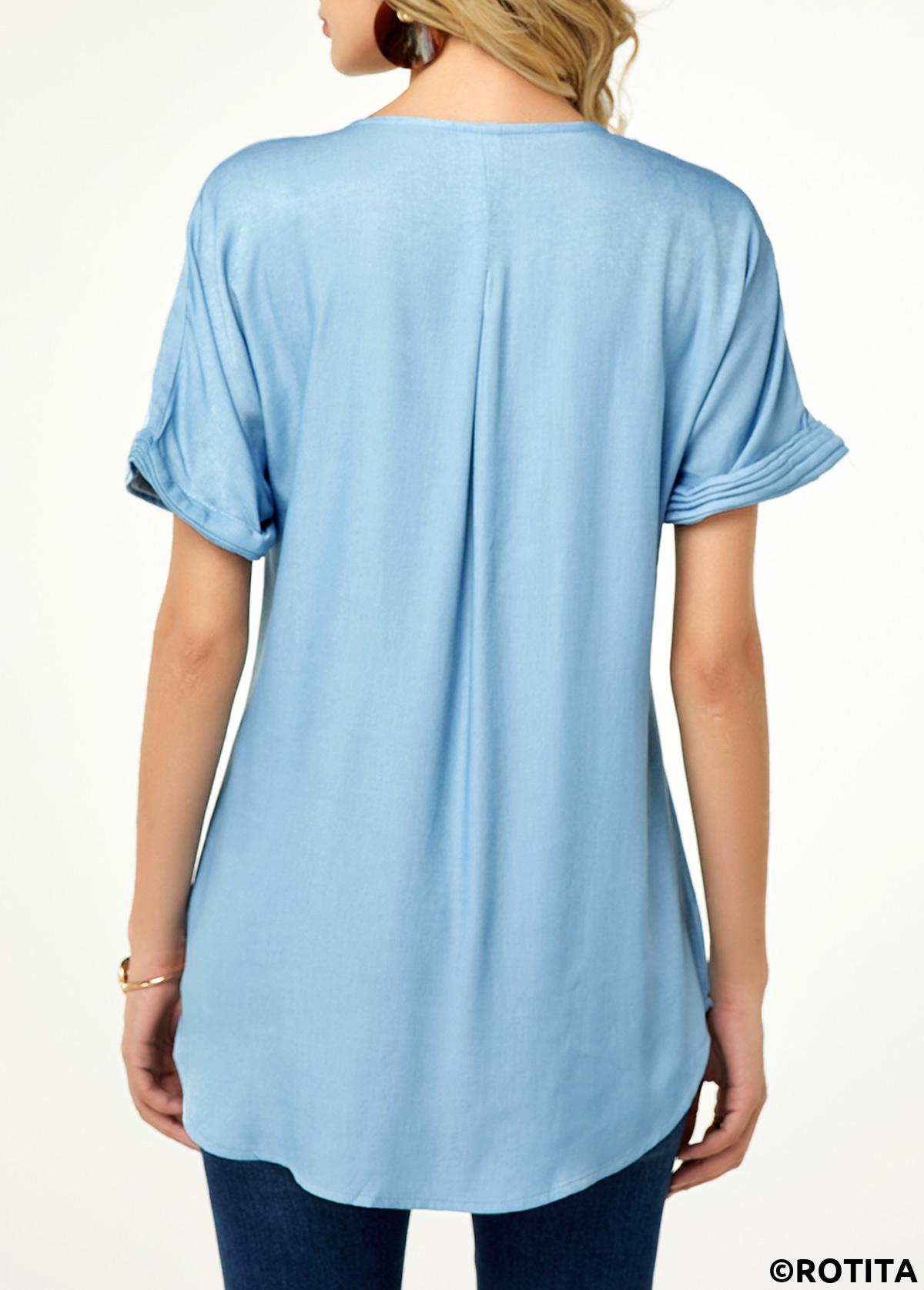 Plain Color tops,ROTITA Patchwork Split Neck Short Sleeve Blouse