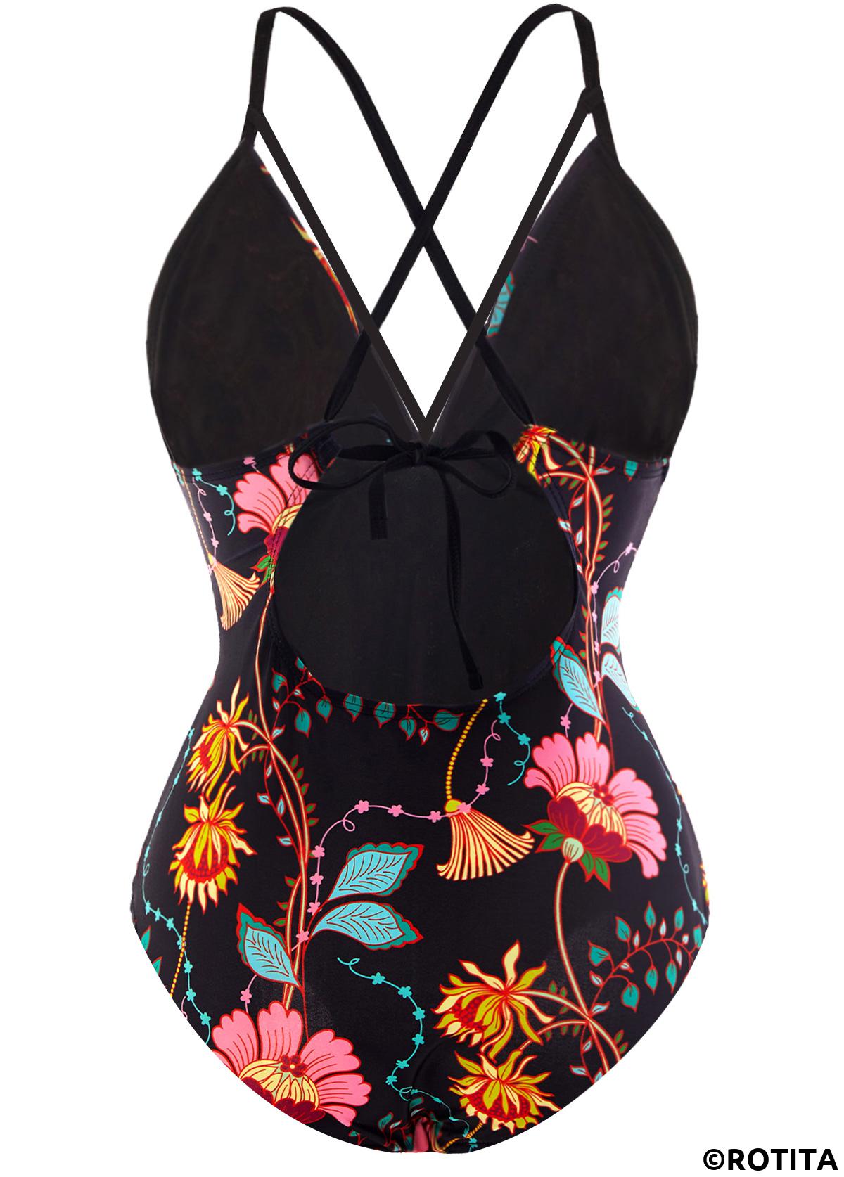 Black swimwear,Floral swimwear,ROTITA Tie Back Floral Print Lace Up Front One Piece Swimwear