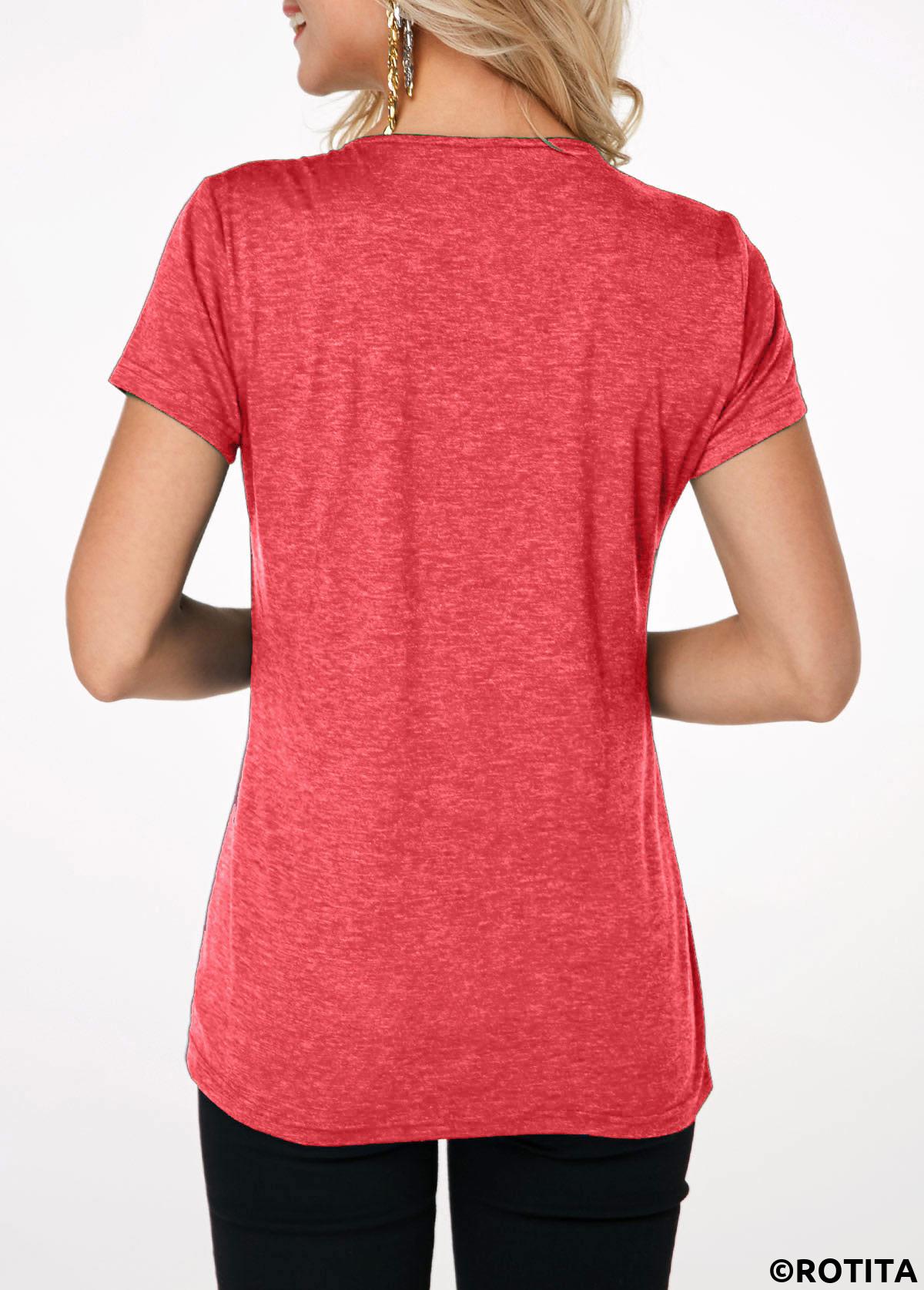 Coral tops,Plain Color tops,ROTITA Crinkle Chest Coral Red Short Sleeve T Shirt