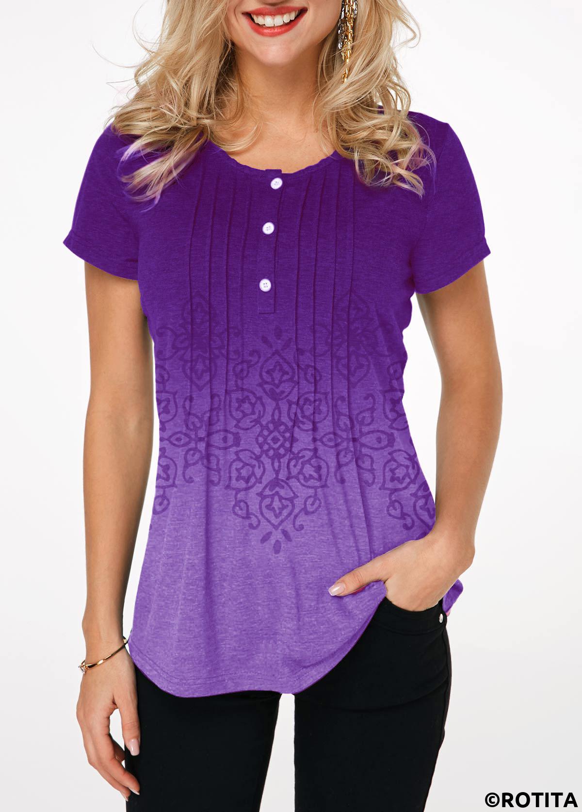 Purple tops,Tribal tops,ROTITA Gradient Button Detail Crinkle Chest Printed T Shirt