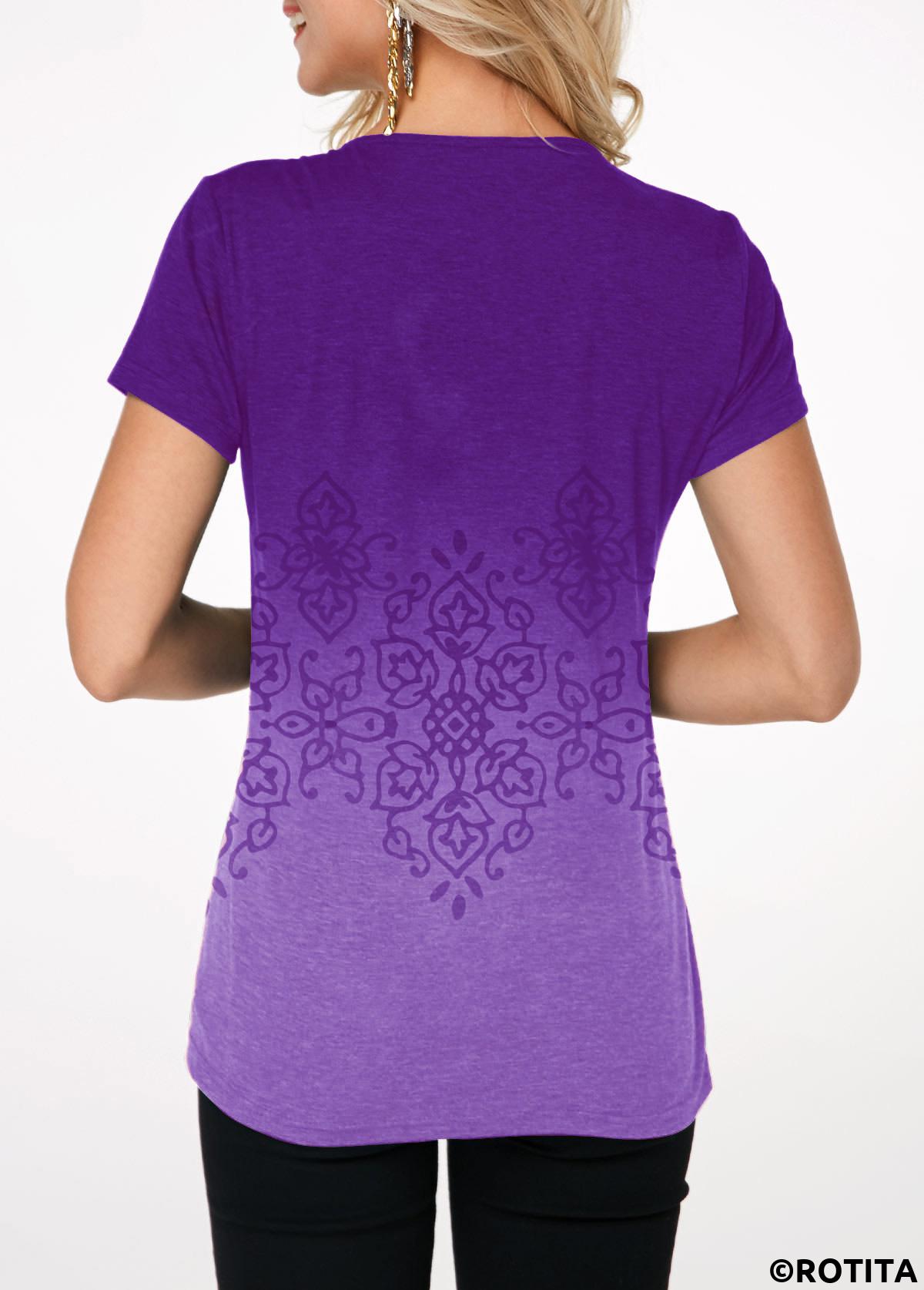 Purple tops,Tribal tops,ROTITA Gradient Button Detail Crinkle Chest Printed T Shirt