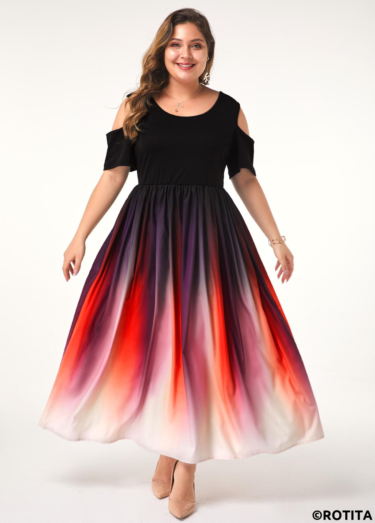 Pink plus size,Ombre plus size,ROTITA Ombre Cold Shoulder Round Neck Dress