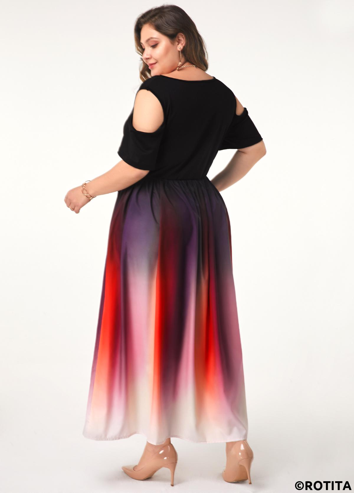 Pink plus size,Ombre plus size,ROTITA Ombre Cold Shoulder Round Neck Dress