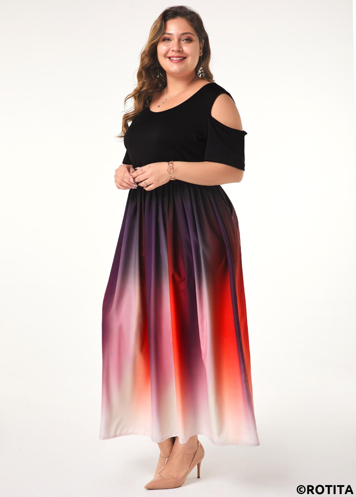 Pink plus size,Ombre plus size,ROTITA Ombre Cold Shoulder Round Neck Dress