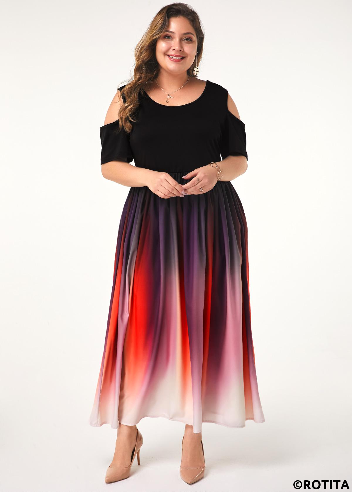 Pink plus size,Ombre plus size,ROTITA Ombre Cold Shoulder Round Neck Dress