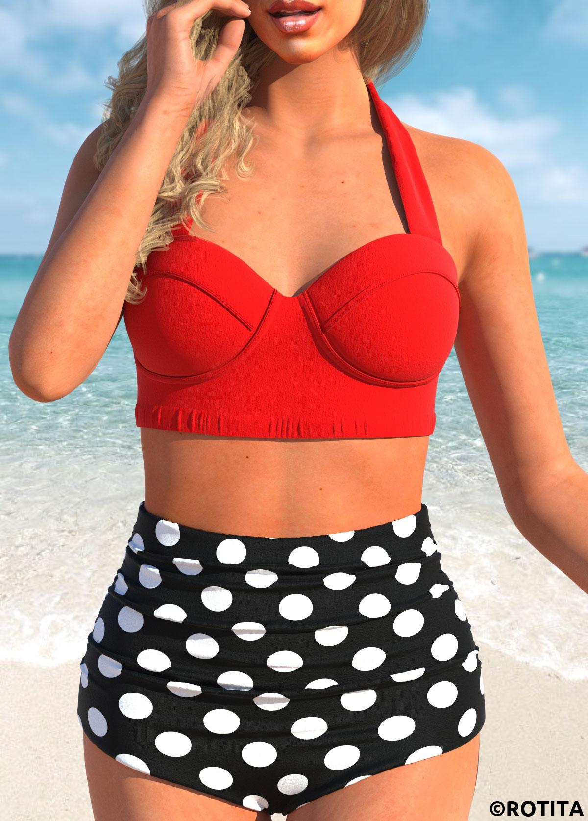 Red swimwear,Dot swimwear,ROTITA Polka Dot Print Halter Neck High Waist Bikini Set