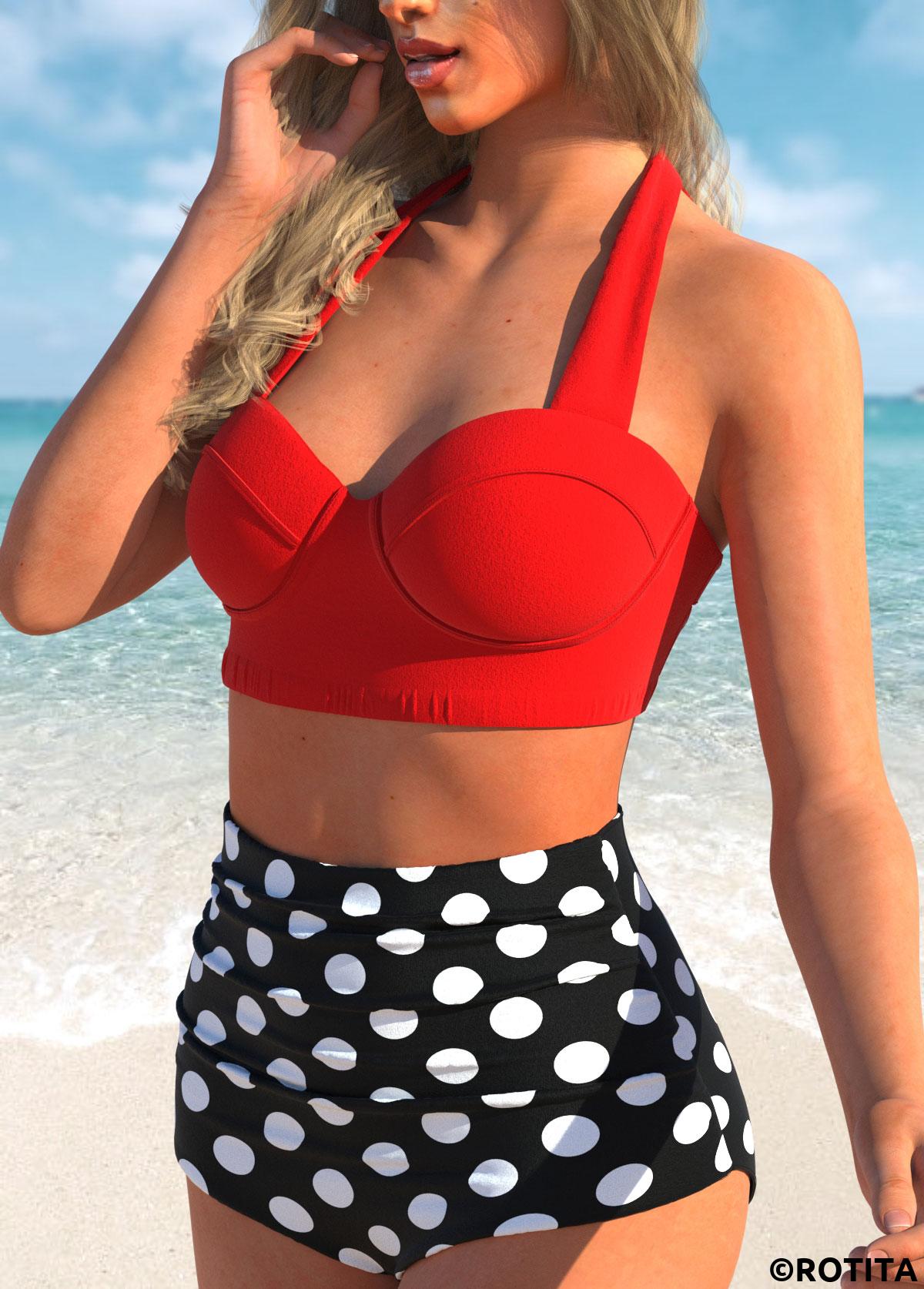 Red swimwear,Dot swimwear,ROTITA Polka Dot Print Halter Neck High Waist Bikini Set