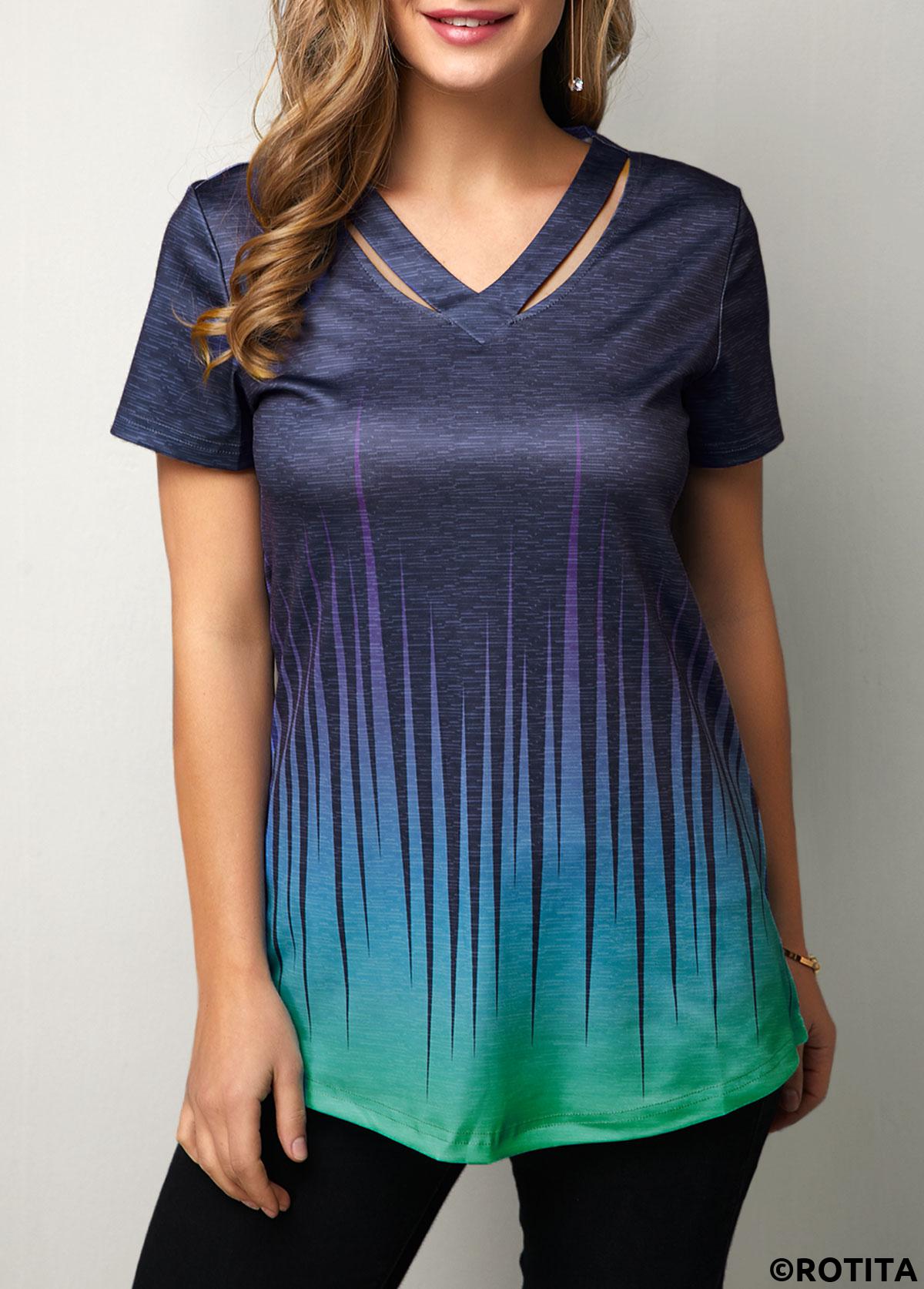 Blue tops,Contrast Color tops,ROTITA Cutout Neckline Dazzle Color Short Sleeve T Shirt