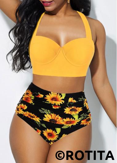 Ginger swimwear,Floral swimwear,ROTITA High Waist Halter Cutout Back Sunflower Print Bikini Set