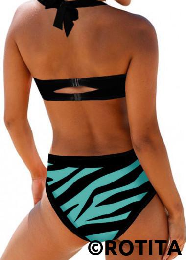 Cyan swimwear,Leopard swimwear,ROTITA Bowknot Detail Halter Neck Leopard Print Bikini Set