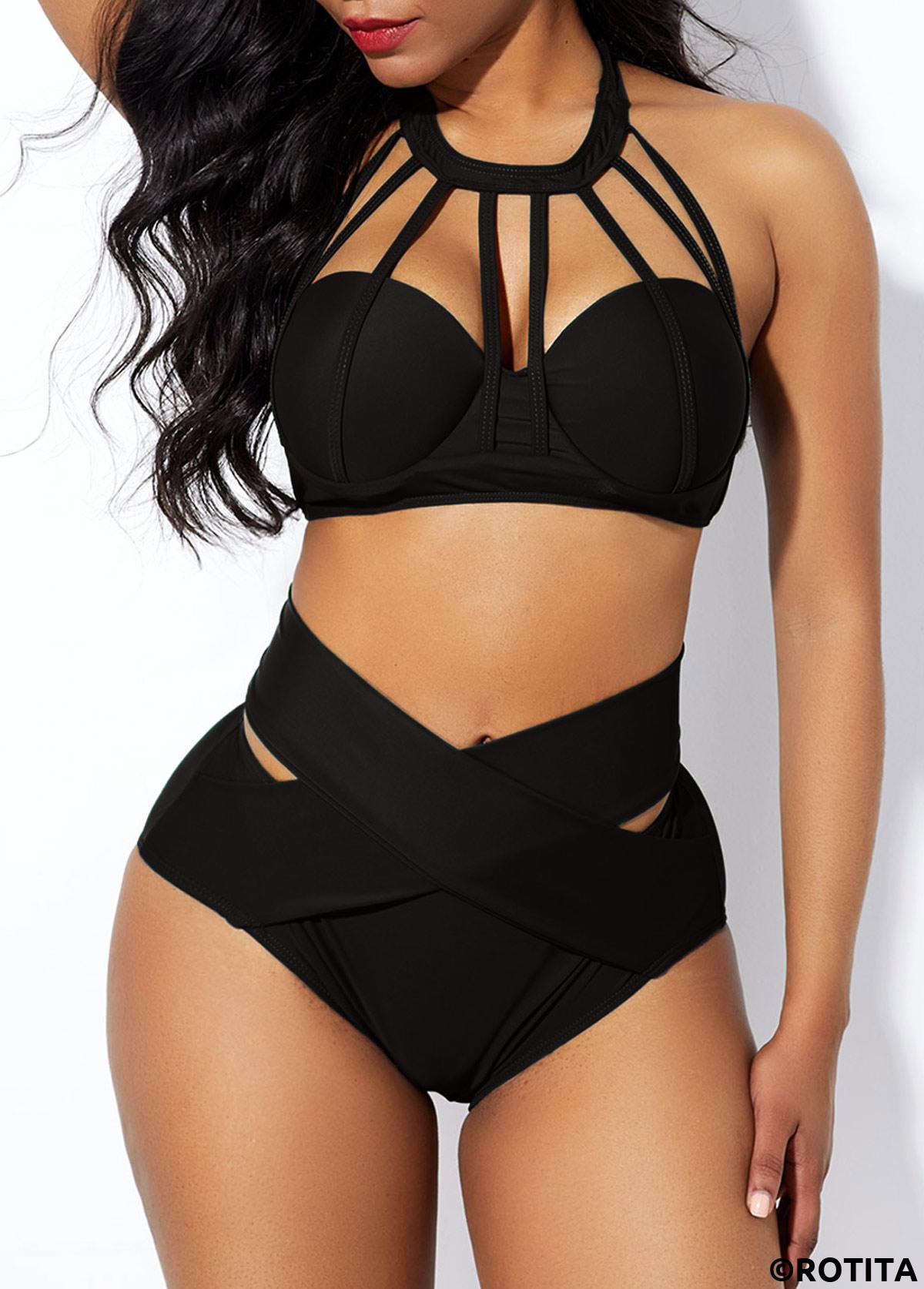 Black swimwear,Plain Color swimwear,ROTITA Cage Neck Cross Front High Waist Bikini Set