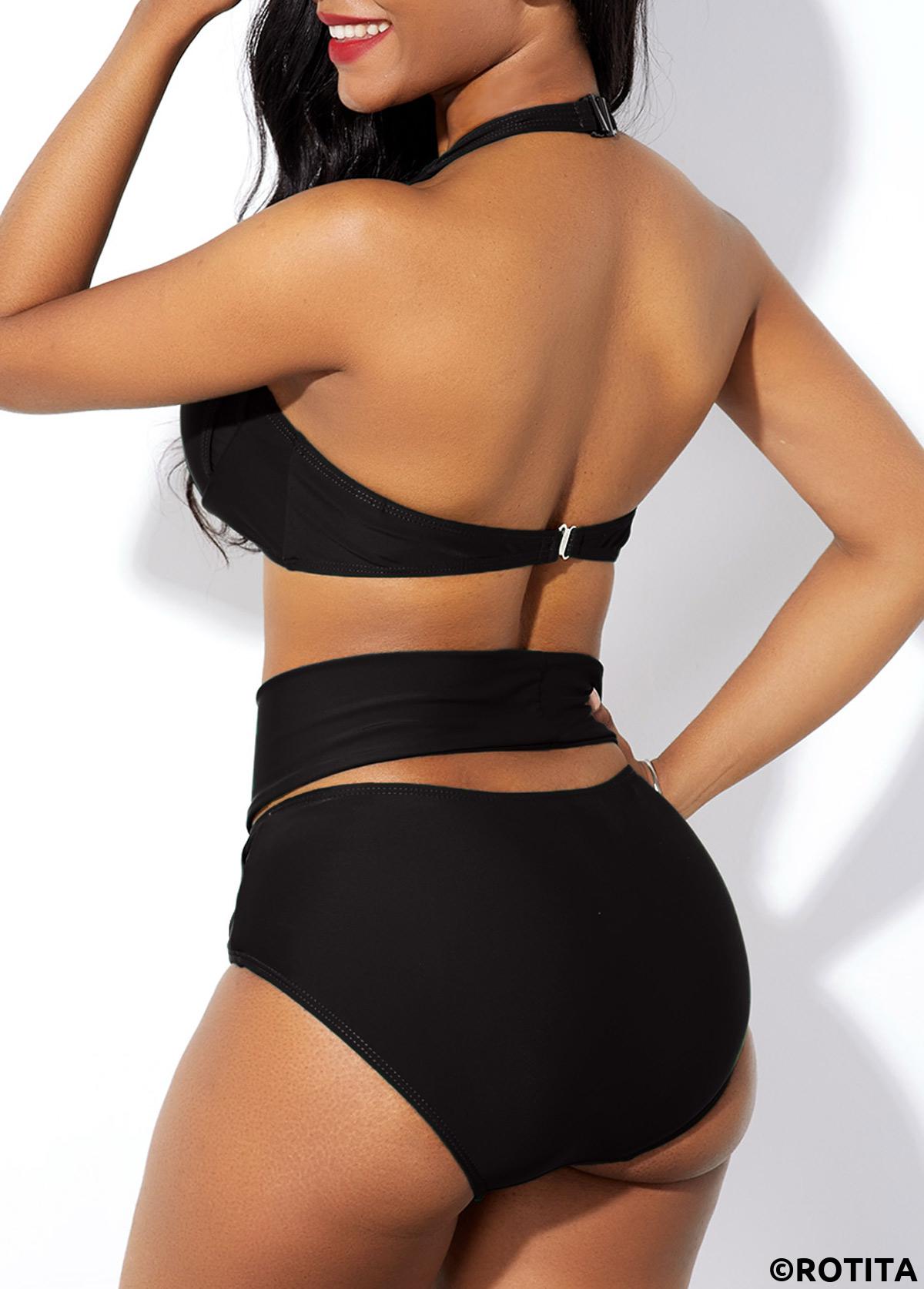 Black swimwear,Plain Color swimwear,ROTITA Cage Neck Cross Front High Waist Bikini Set