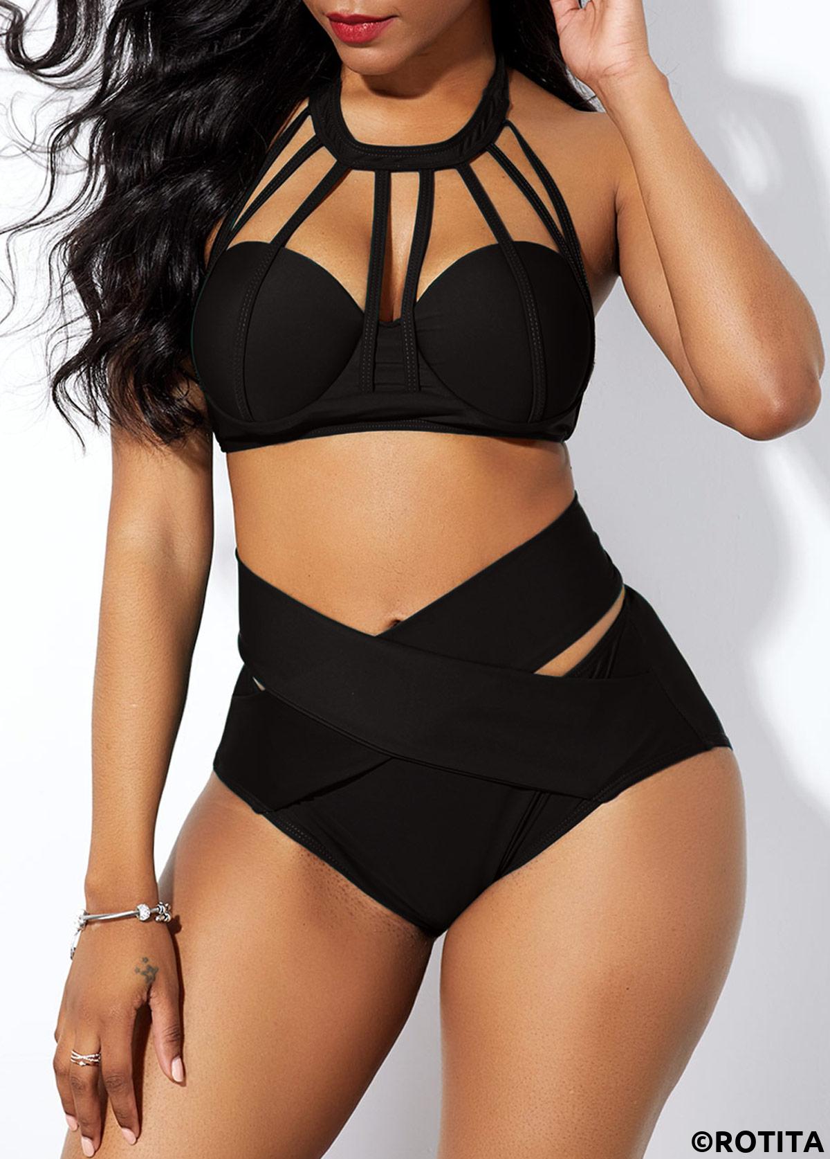 Black swimwear,Plain Color swimwear,ROTITA Cage Neck Cross Front High Waist Bikini Set