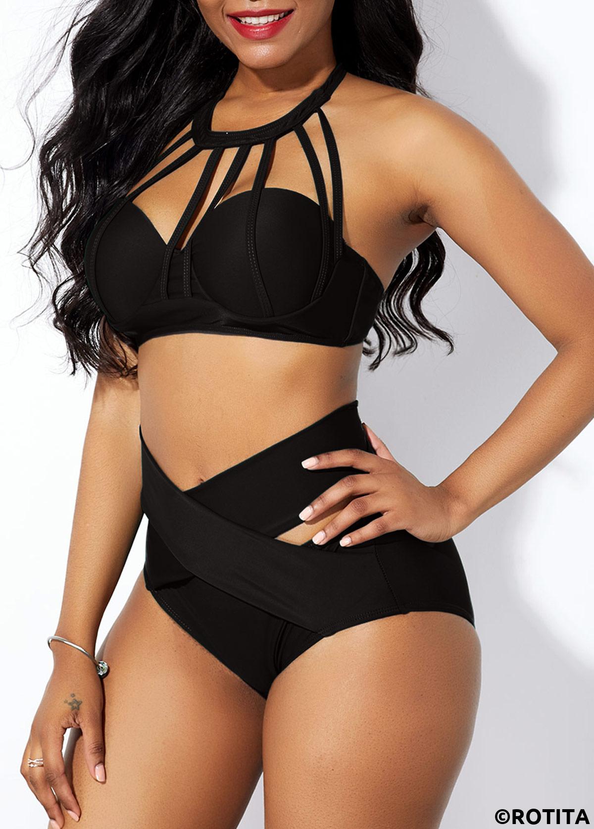 Black swimwear,Plain Color swimwear,ROTITA Cage Neck Cross Front High Waist Bikini Set
