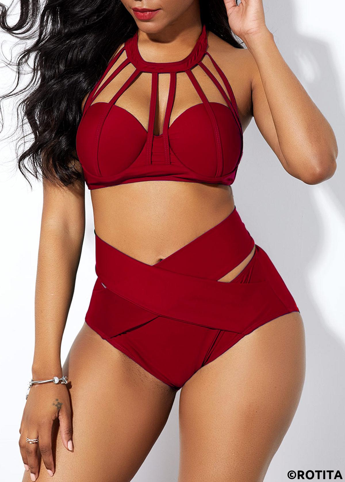 Wine Red swimwear,Plain Color swimwear,ROTITA Cross Front Cage Neck High Waist Bikini Set