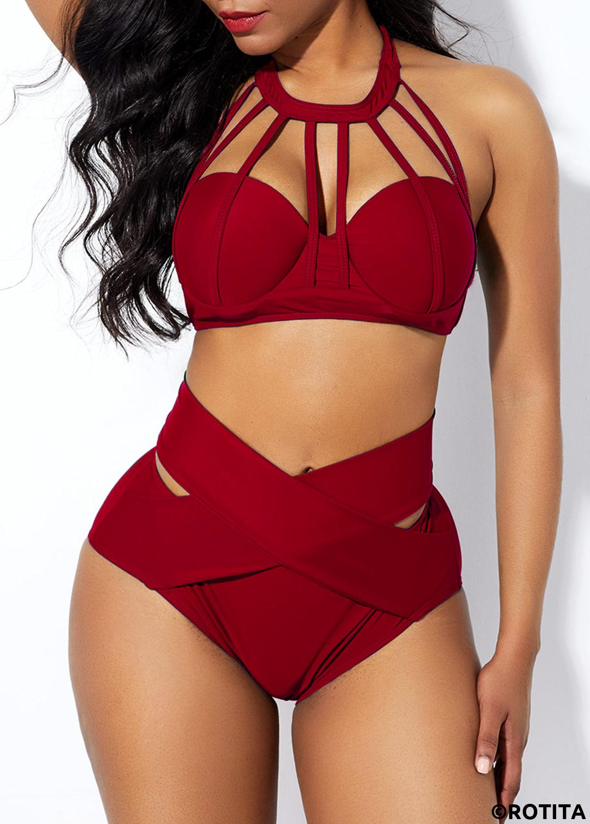 Wine Red swimwear,Plain Color swimwear,ROTITA Cross Front Cage Neck High Waist Bikini Set
