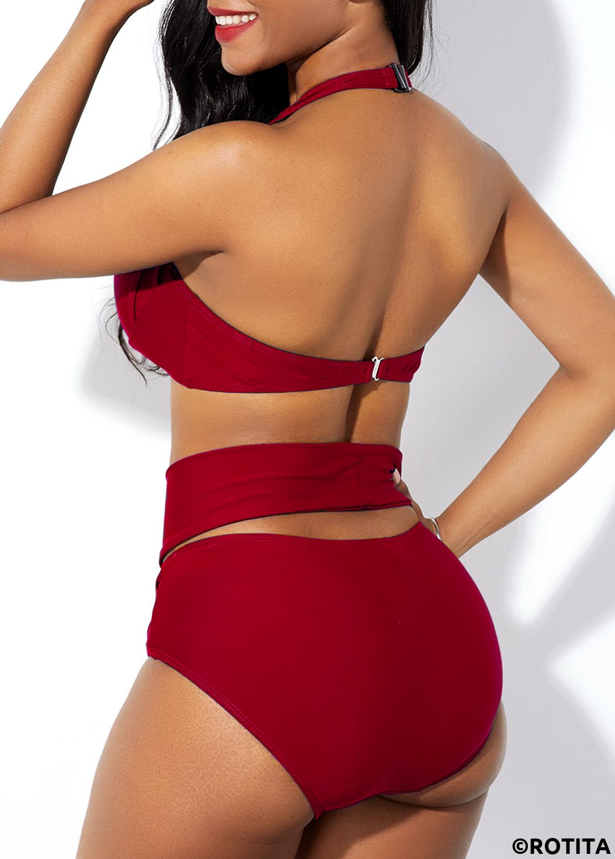 Wine Red swimwear,Plain Color swimwear,ROTITA Cross Front Cage Neck High Waist Bikini Set