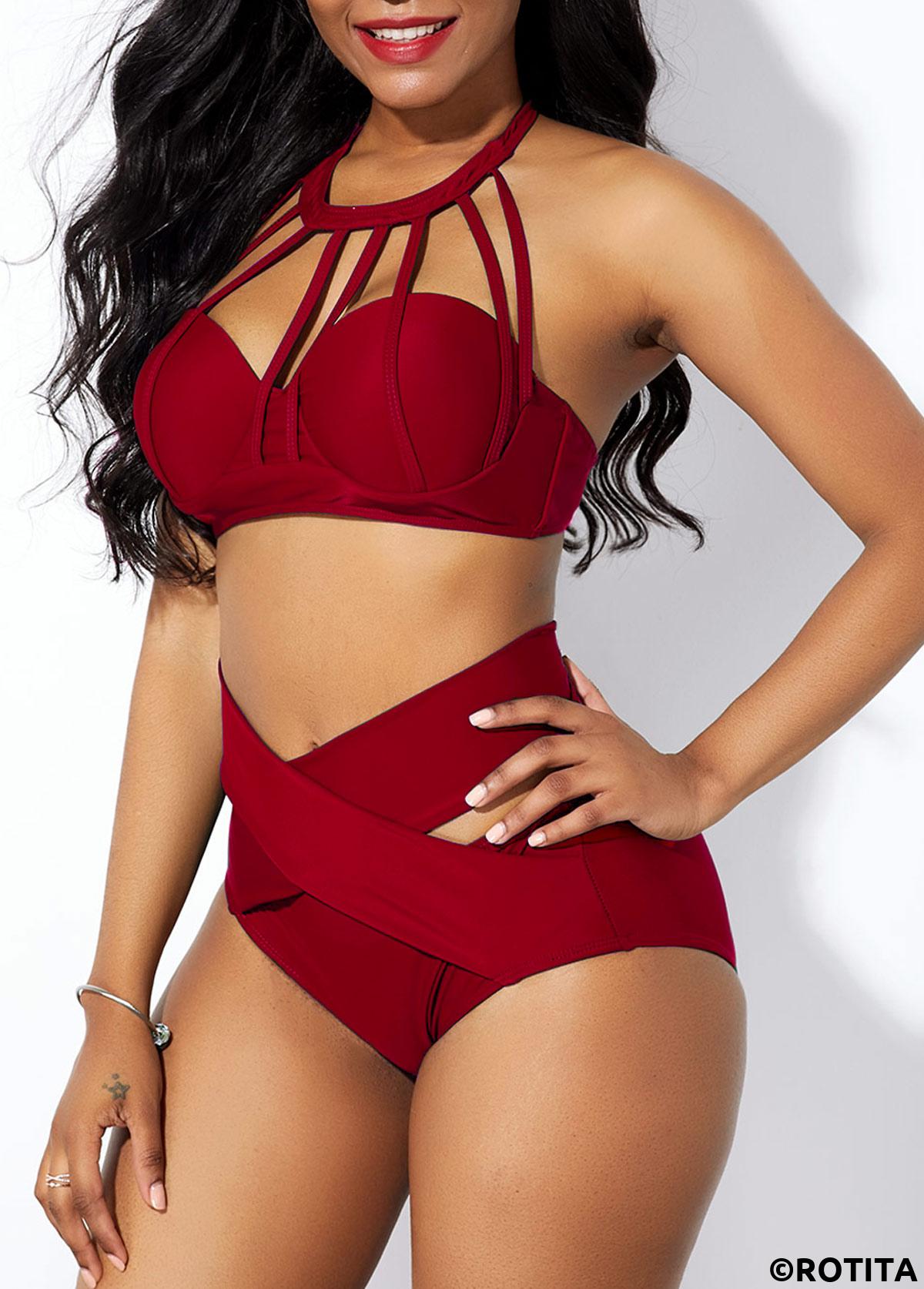Wine Red swimwear,Plain Color swimwear,ROTITA Cross Front Cage Neck High Waist Bikini Set