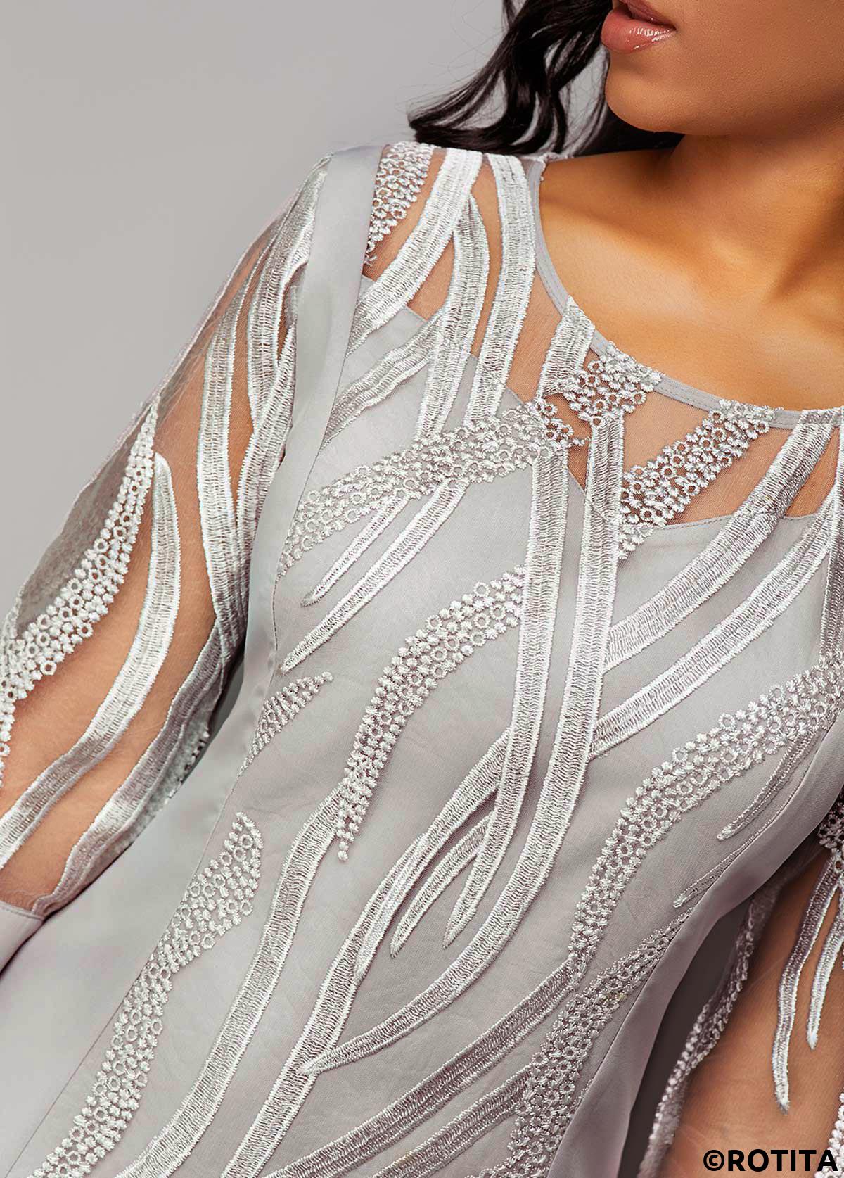 Light Grey dresses,Plain Color dresses,Party dresses,Elegant dresses,ROTITA Lace Panel Light Grey 3/4 Sleeve Dress
