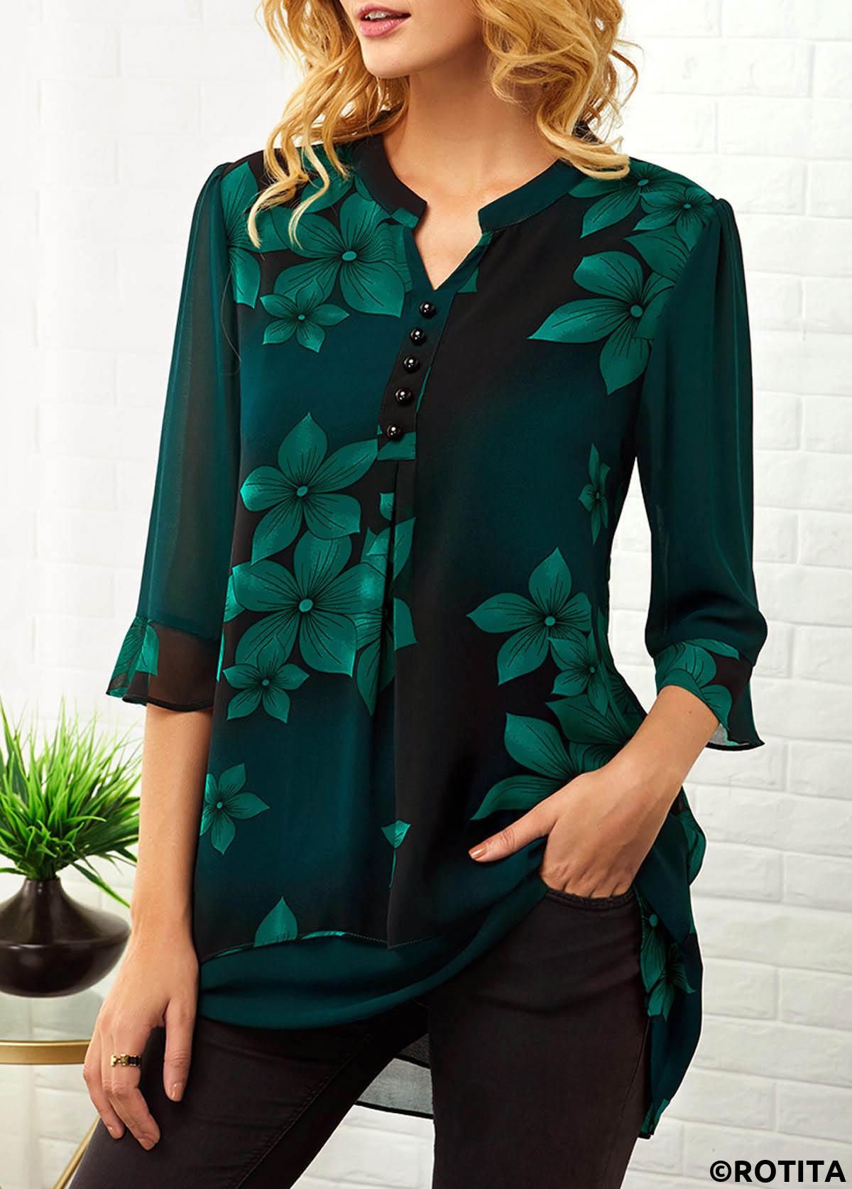 Floral tops,ROTITA Split Neck Button Detail Large Floral Print Blouse