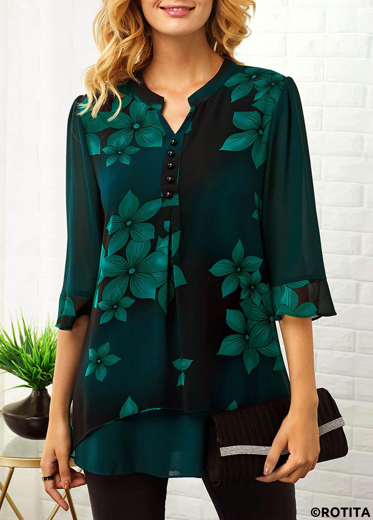 Floral tops,ROTITA Split Neck Button Detail Large Floral Print Blouse