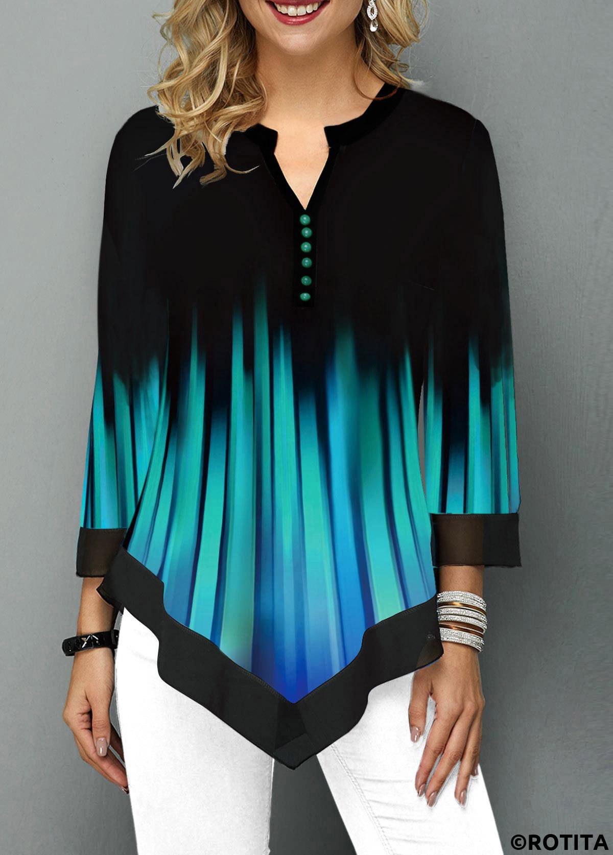 Cyan tops,Ombre tops,ROTITA Patchwork Floral Print Cyan Split Neck 3/4 Sleeve Blouse