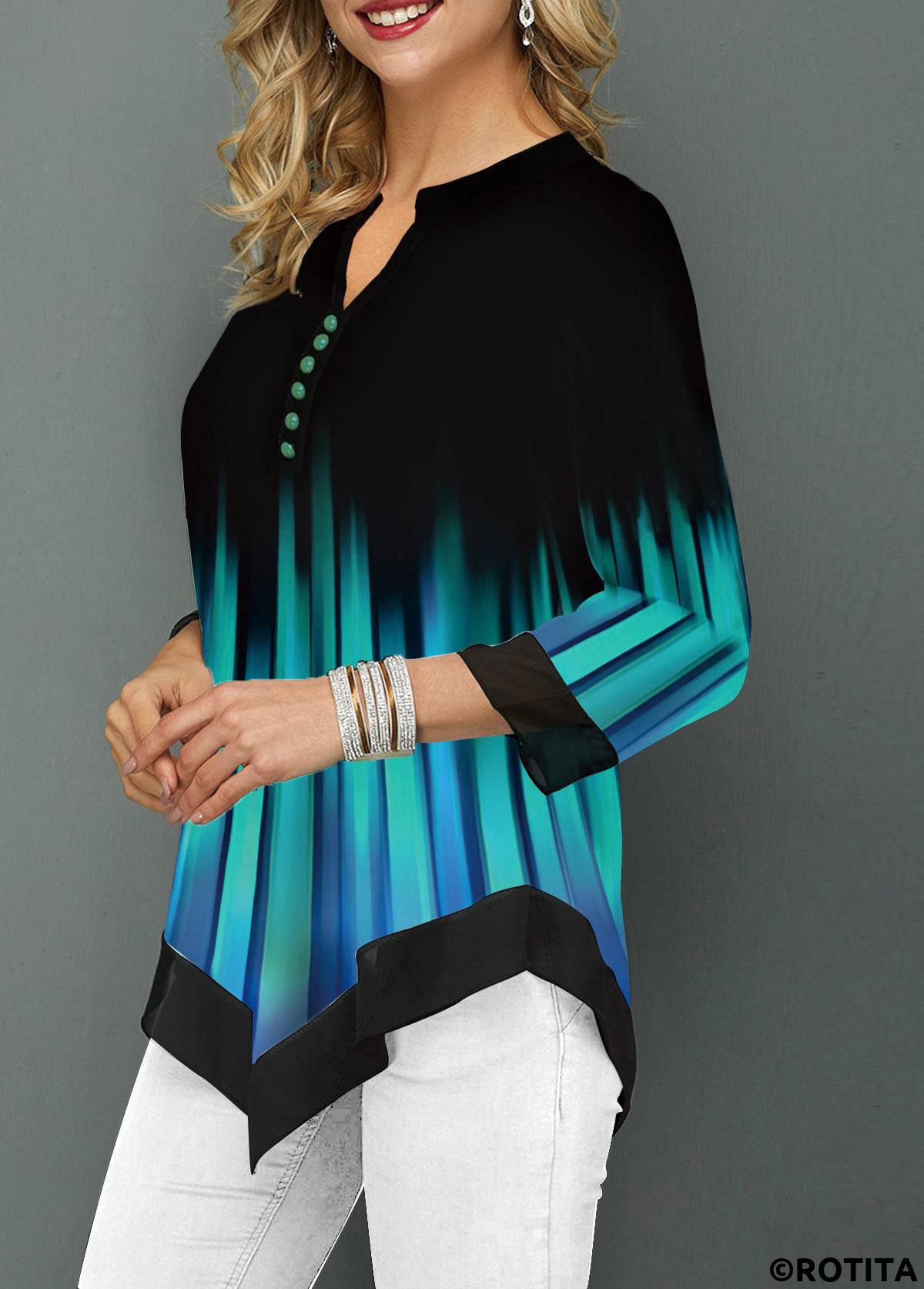 Cyan tops,Ombre tops,ROTITA Patchwork Floral Print Cyan Split Neck 3/4 Sleeve Blouse