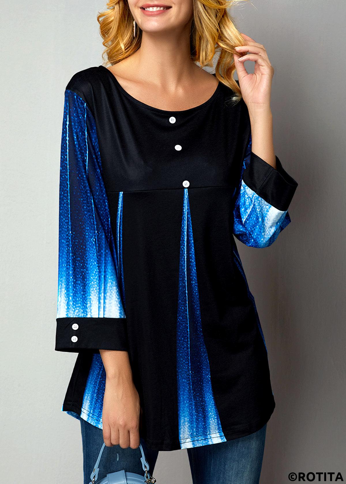 Blue tops,Ombre tops,ROTITA Patchwork Floral Print Blue Fake Two Piece Twinset