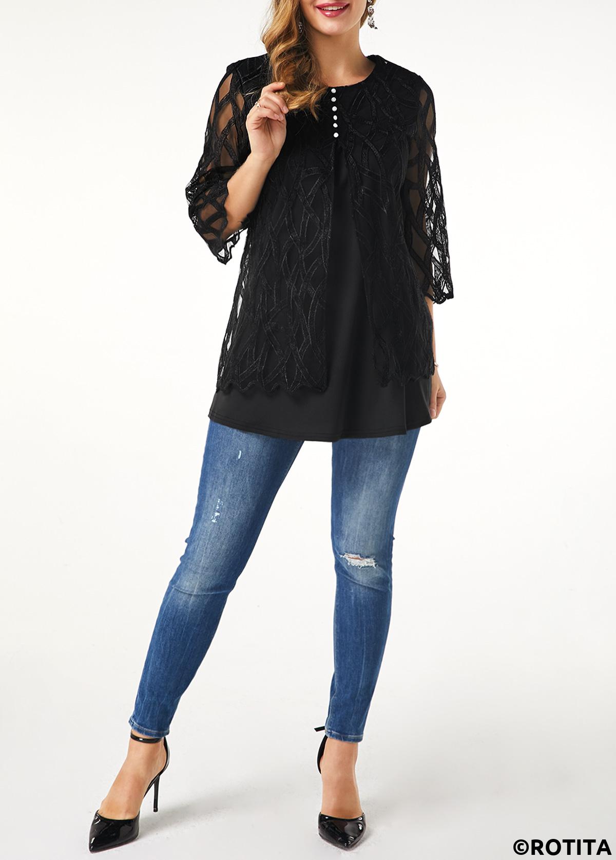 Black tops,Plain Color tops,ROTITA Patchwork Black Round Neck Fake Two Piece Twinset