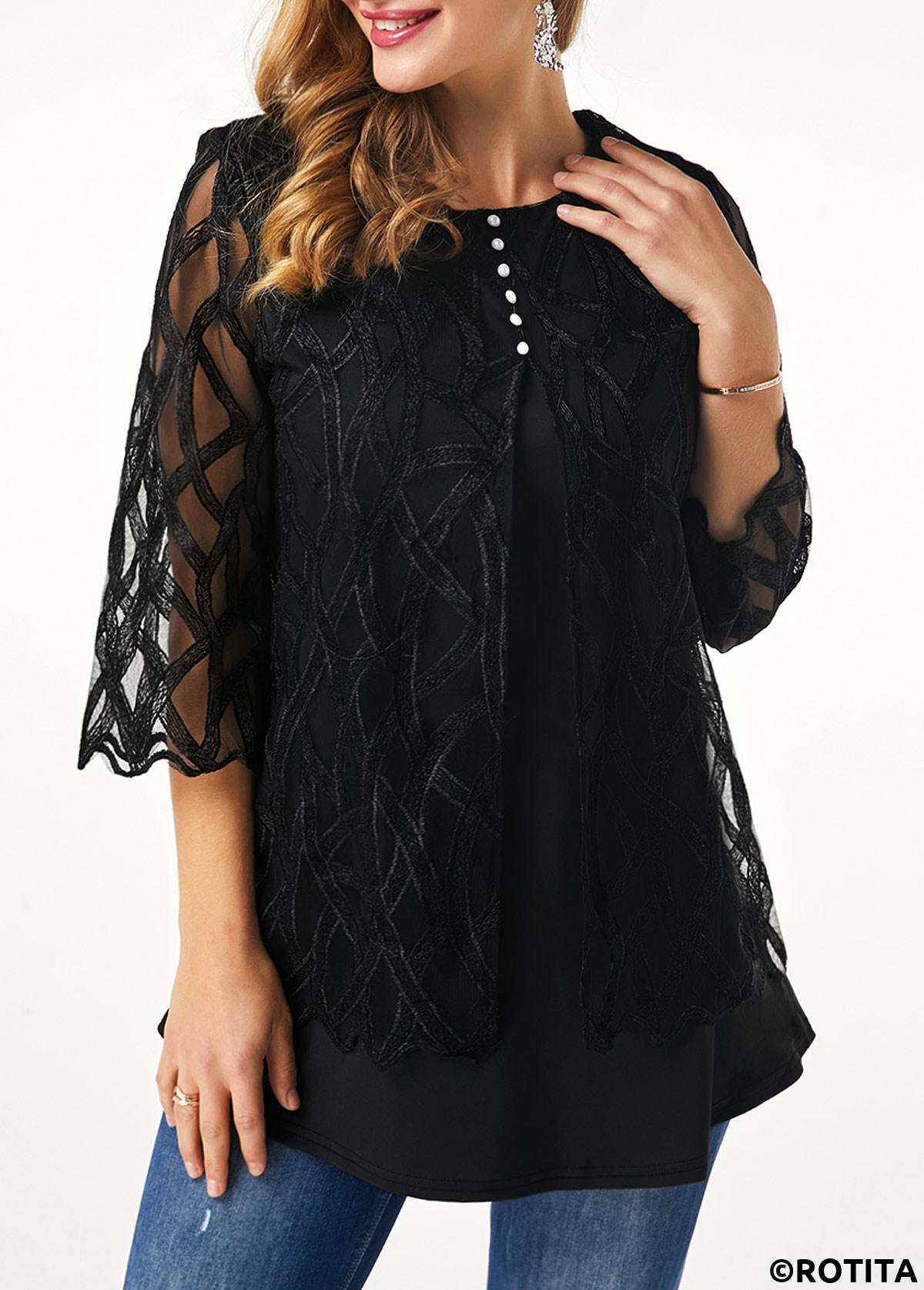 Black tops,Plain Color tops,ROTITA Patchwork Black Round Neck Fake Two Piece Twinset
