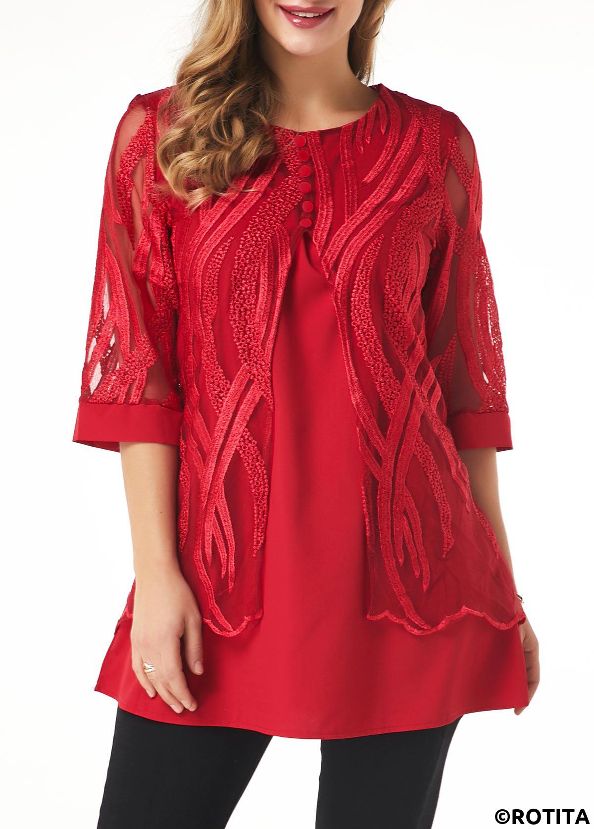 Wine Red tops,Plain Color tops,ROTITA Wine Red Round Neck Fake Two Piece Twinset