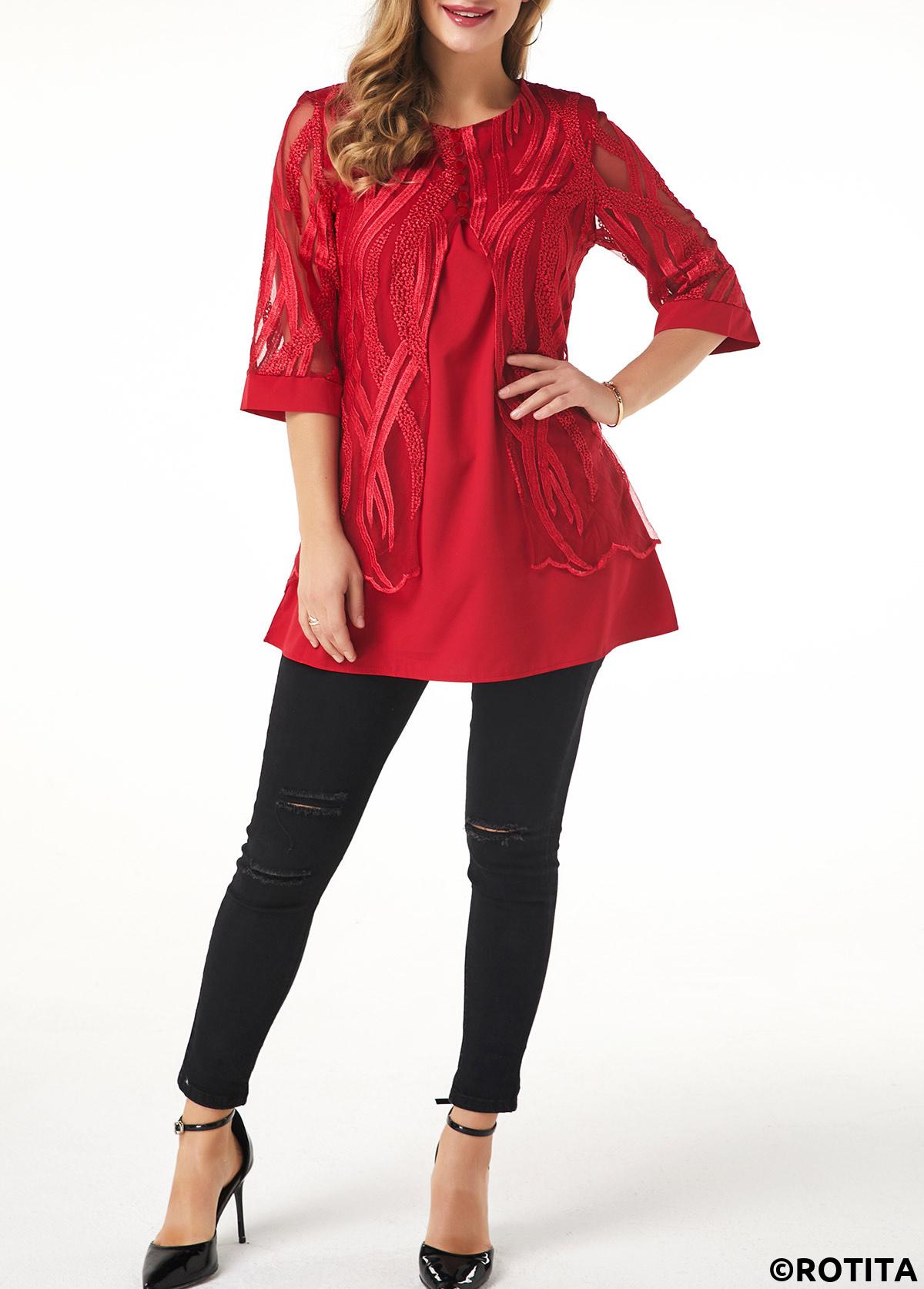 Wine Red tops,Plain Color tops,ROTITA Wine Red Round Neck Fake Two Piece Twinset