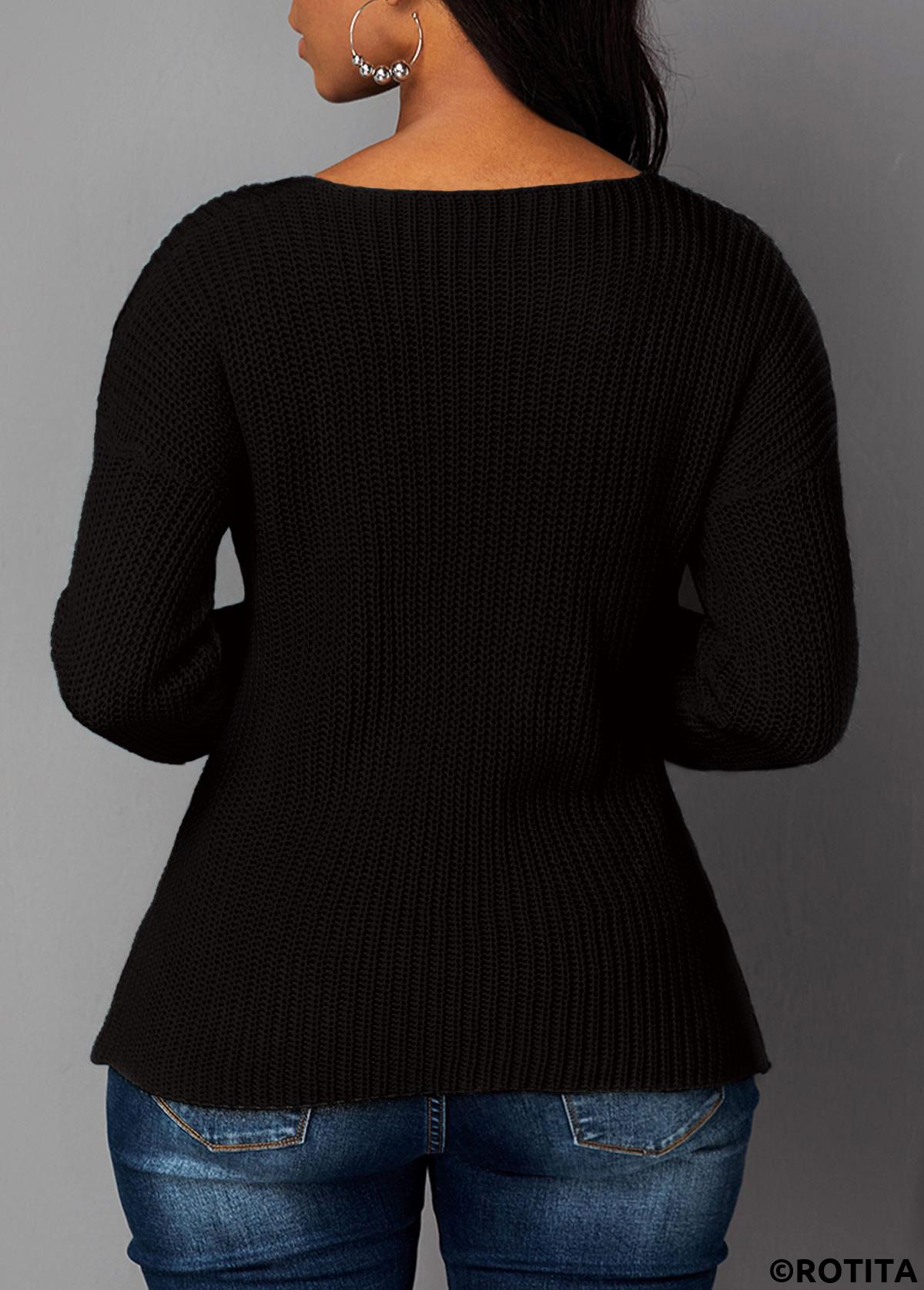 Black tops,Plain Color tops,Asymmetric Hem Black Cutout Front Sweater