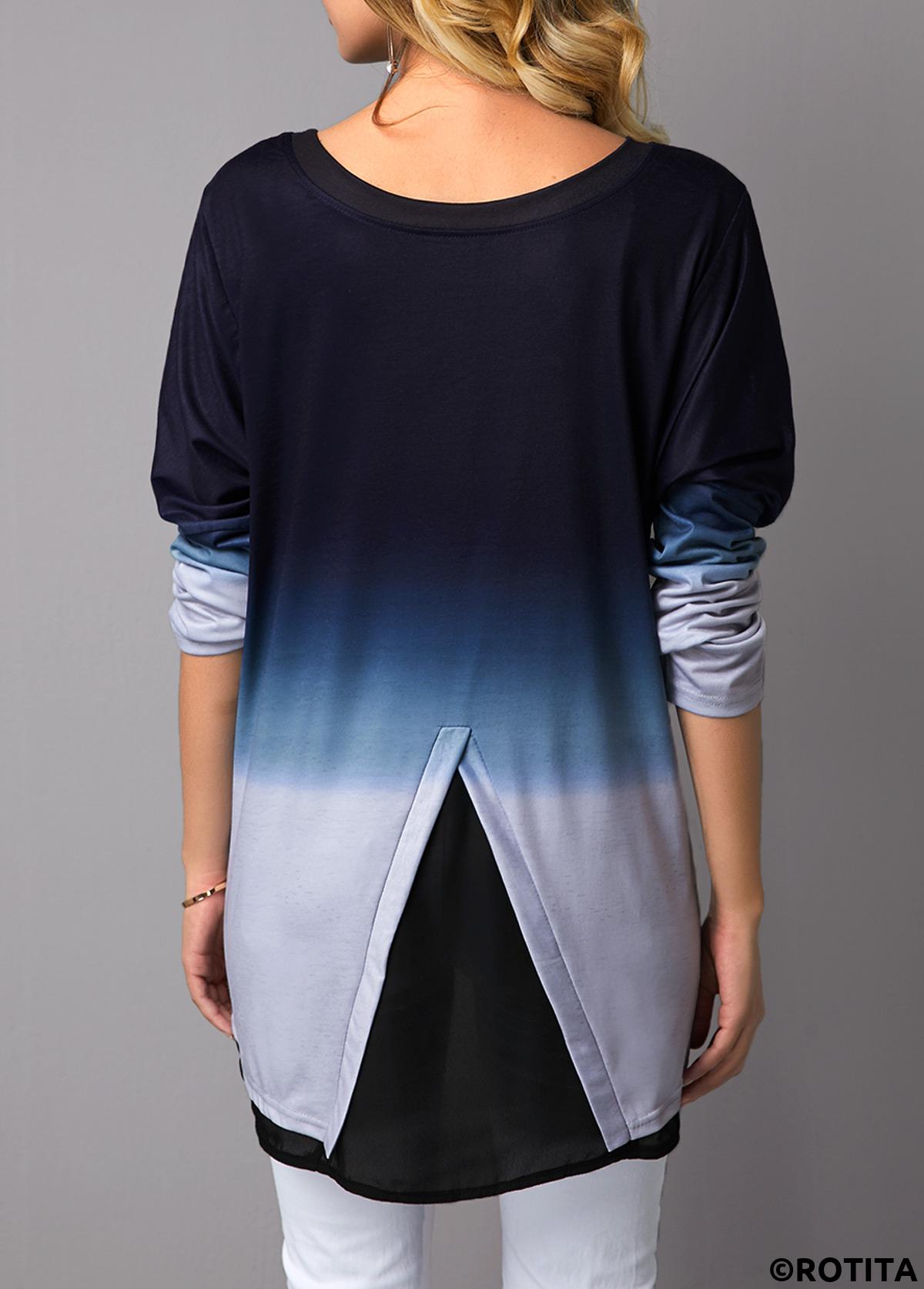 Blue tops,Ombre tops,ROTITA Long Sleeve Round Neck Asymmetric Hem T Shirt