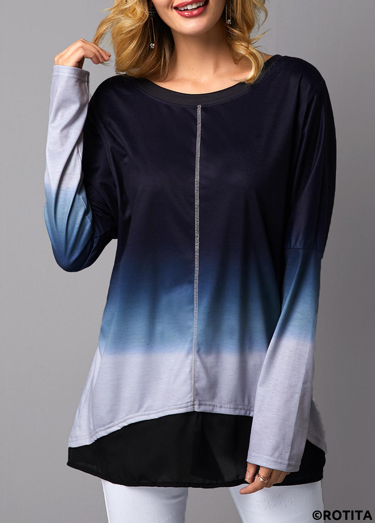 Blue tops,Ombre tops,ROTITA Long Sleeve Round Neck Asymmetric Hem T Shirt