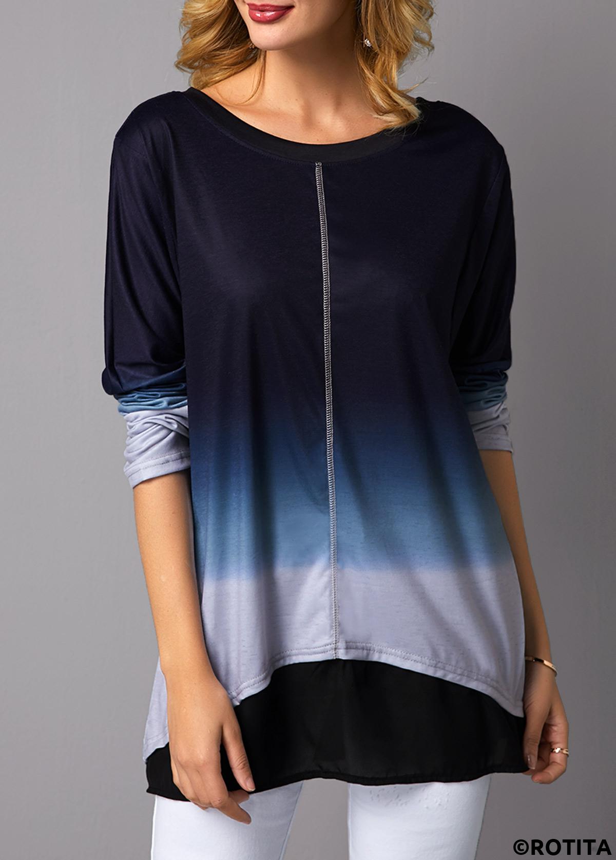 Blue tops,Ombre tops,ROTITA Long Sleeve Round Neck Asymmetric Hem T Shirt