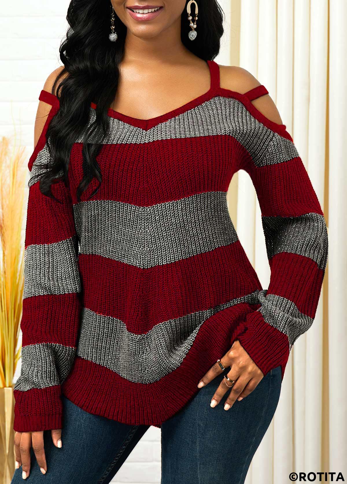 Red tops,Striped tops,ROTITA Striped Cold Shoulder Asymmetric Hem Sweater
