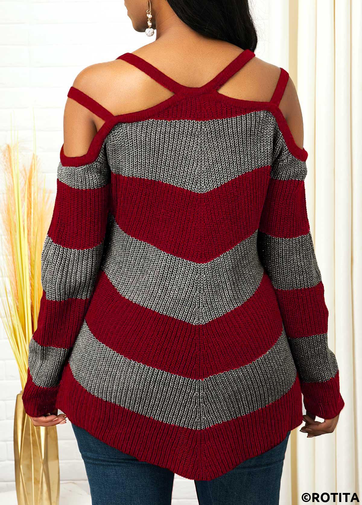 Red tops,Striped tops,ROTITA Striped Cold Shoulder Asymmetric Hem Sweater