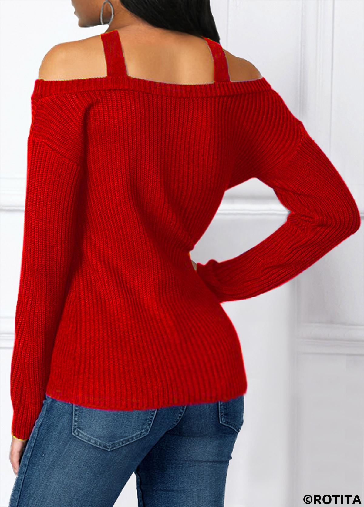Red tops,Plain Color tops,ROTITA Asymmetric Hem Cold Shoulder Cross Strap Sweater