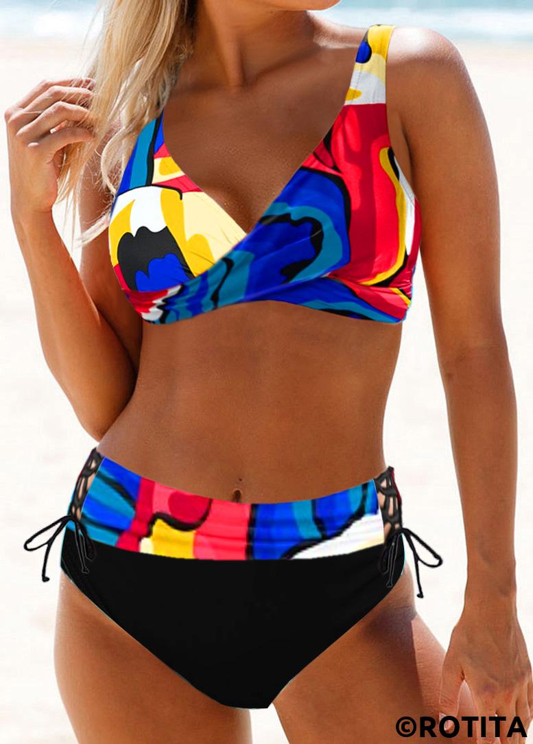 Multi Color swimwear,Floral swimwear,ROTITA Rainbow Color Lace Up Drawstring Waist Bikini Set