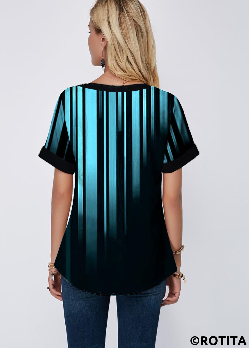 Blue tops,Floral tops,ROTITA Short Sleeve Split Neck Blue Blouse