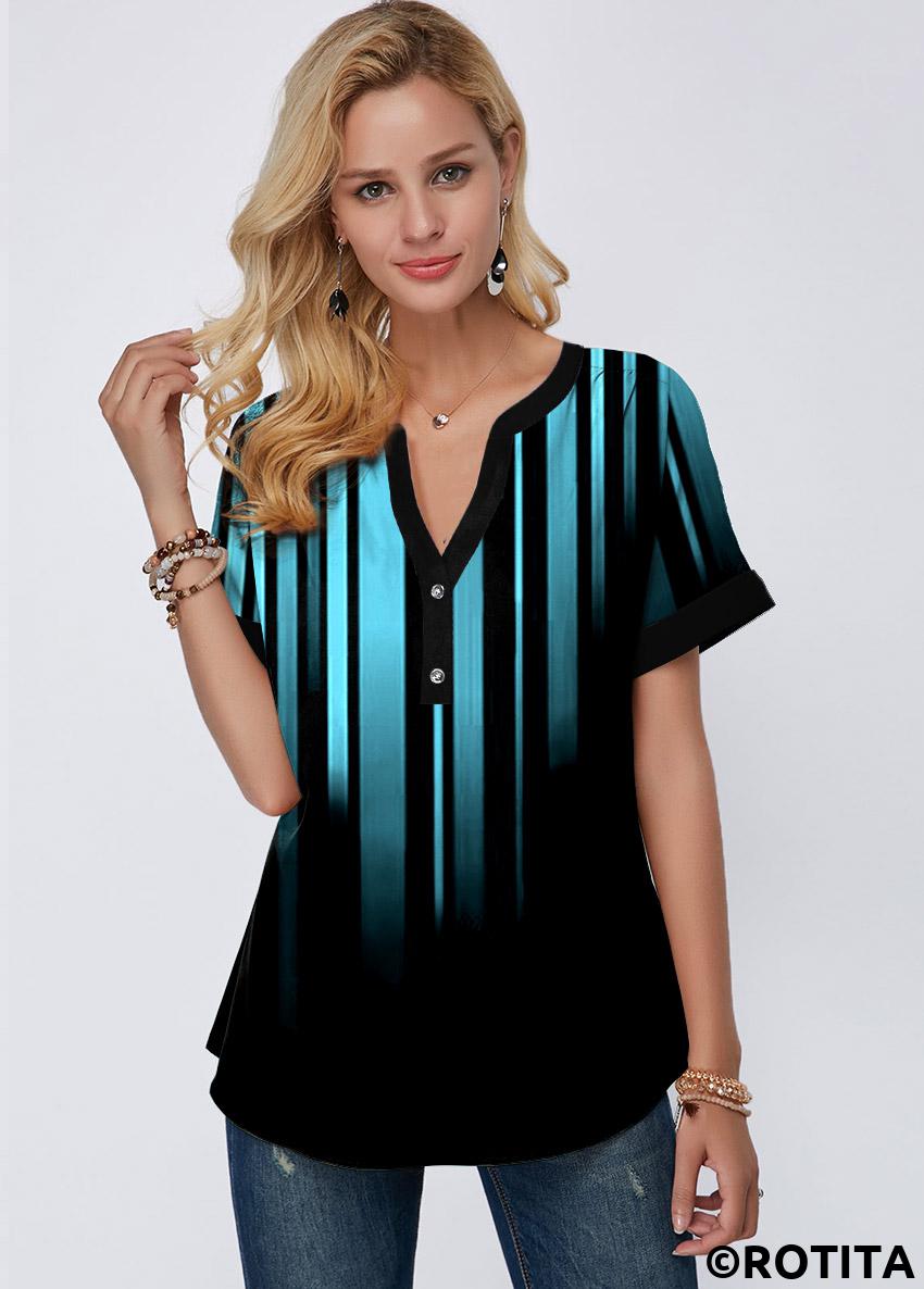 Blue tops,Floral tops,ROTITA Short Sleeve Split Neck Blue Blouse