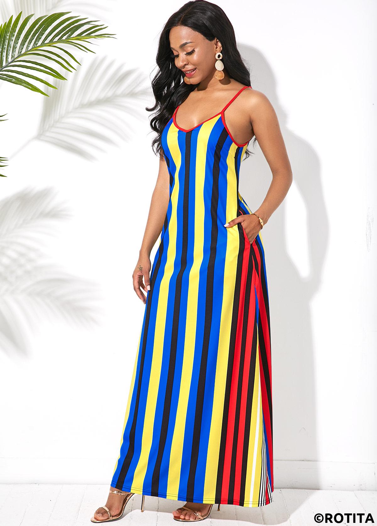 Blue dresses,Striped dresses,Vacation dresses,Vacation dresses,ROTITA Multi Stripe Side Pocket Spaghetti Strap Maxi Dress