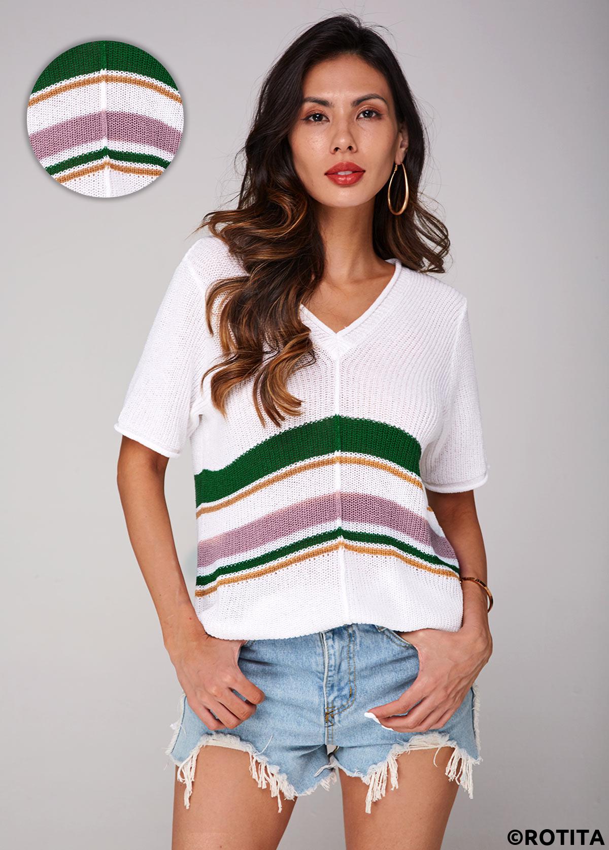 White tops,Striped tops,Contrast Short Sleeve V Neck Sweater